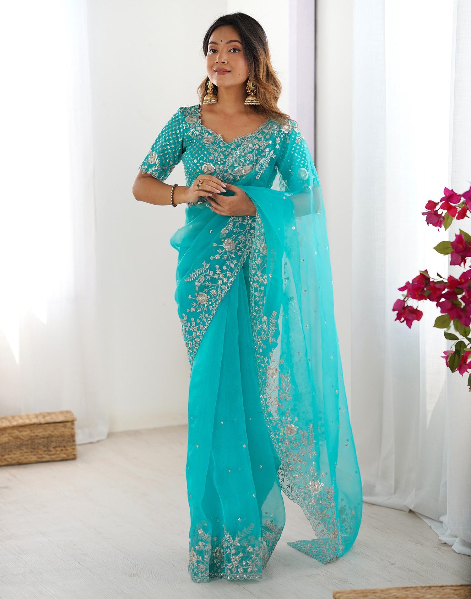 Turquoise Blue Organza Sequence Embroidery Saree