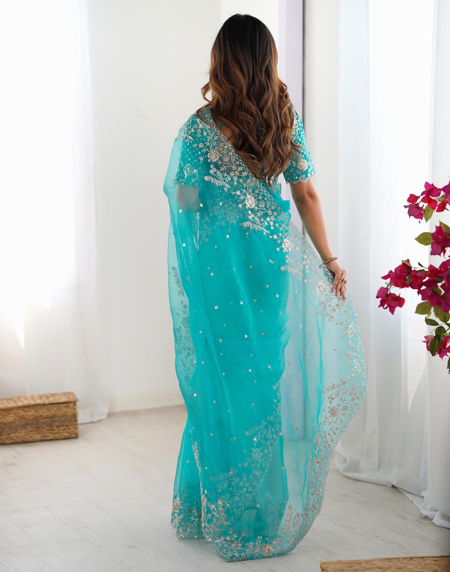 Turquoise Blue Organza Sequence Embroidery Saree