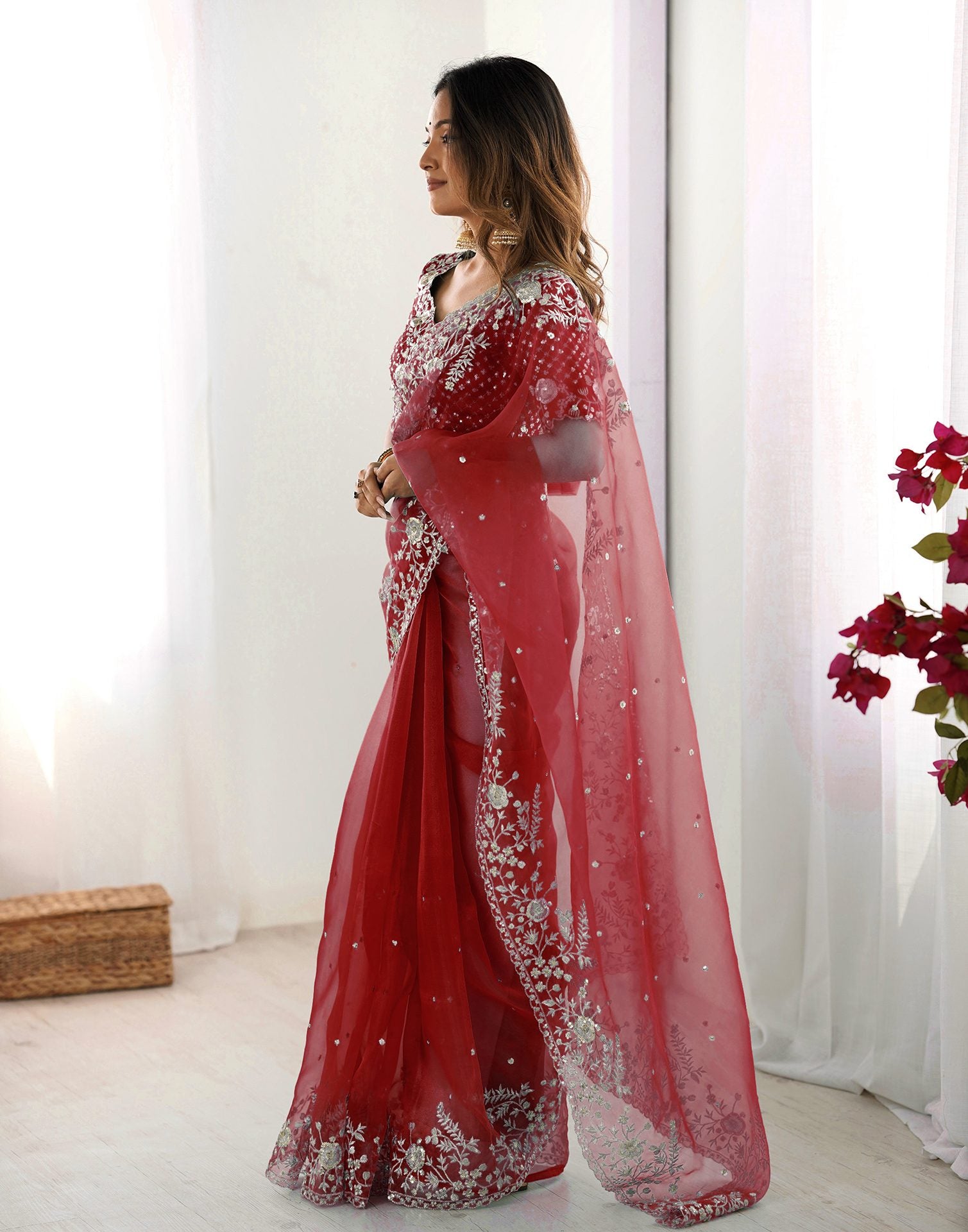 Red Organza Embroidery Lace Saree