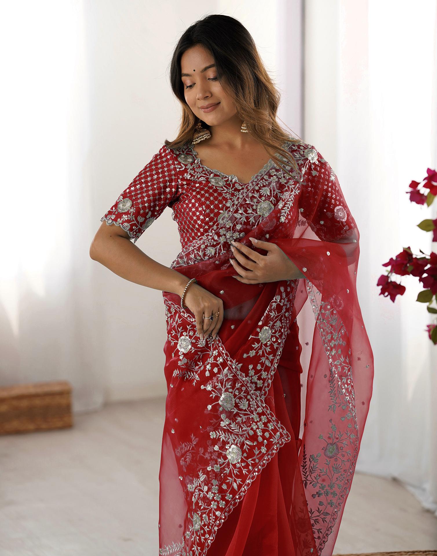 Red Organza Embroidery Lace Saree
