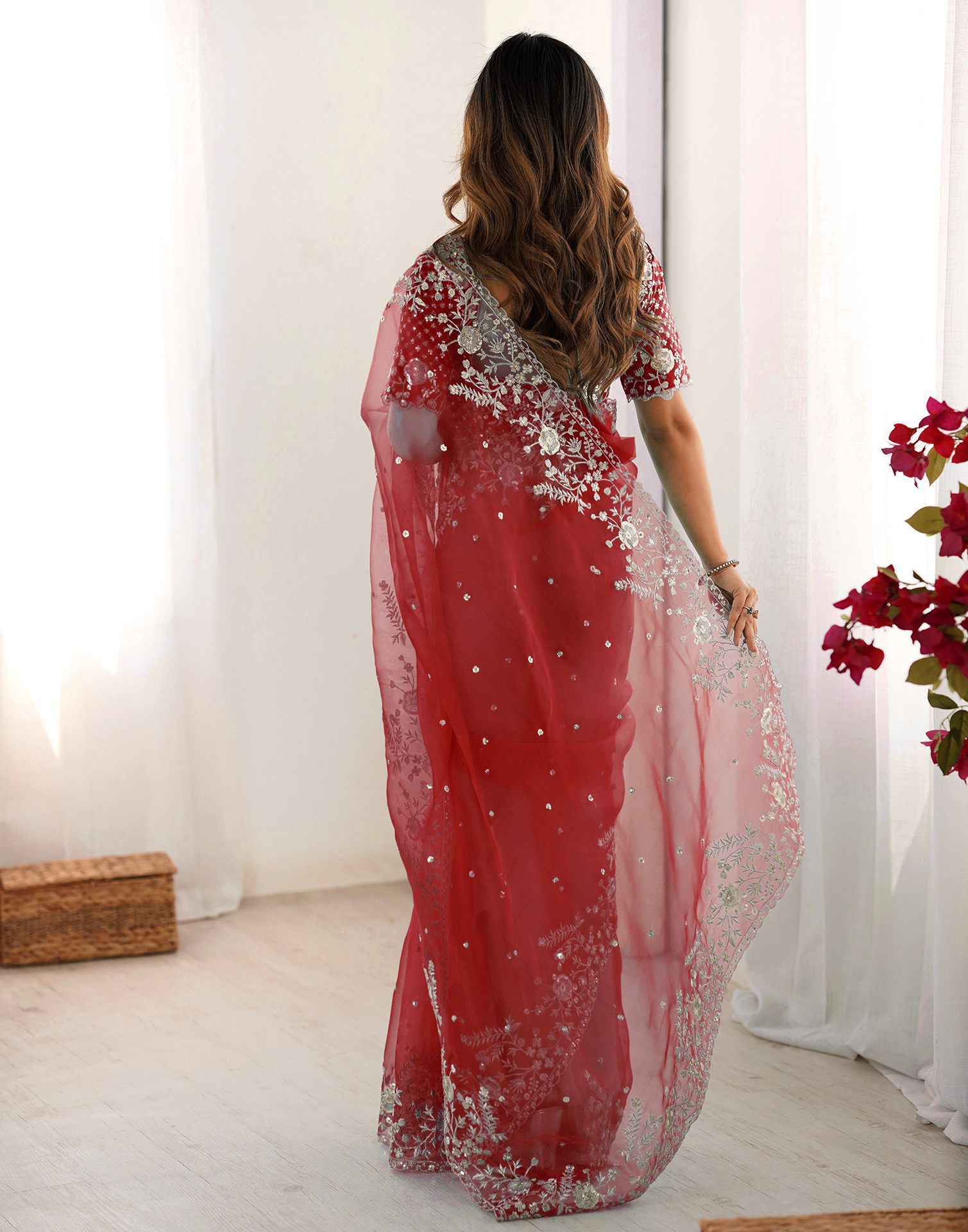 Red Organza Embroidery Lace Saree