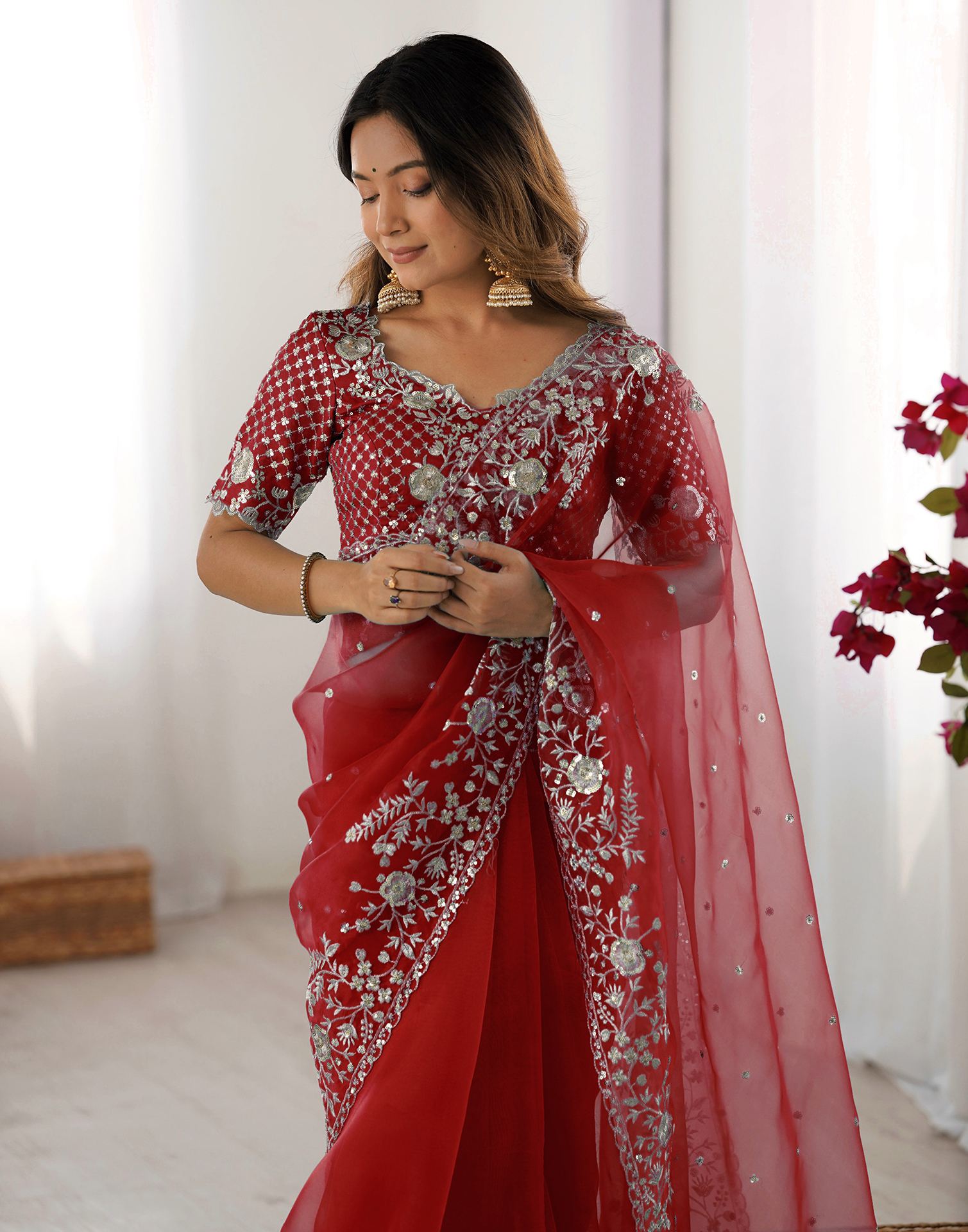 Red Organza Embroidery Lace Saree