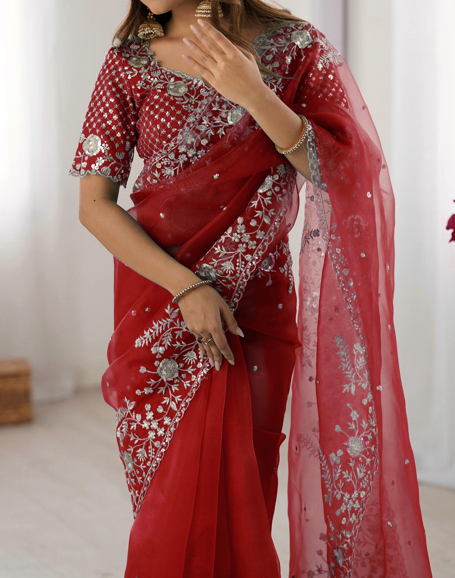 Red Organza Embroidery Lace Saree