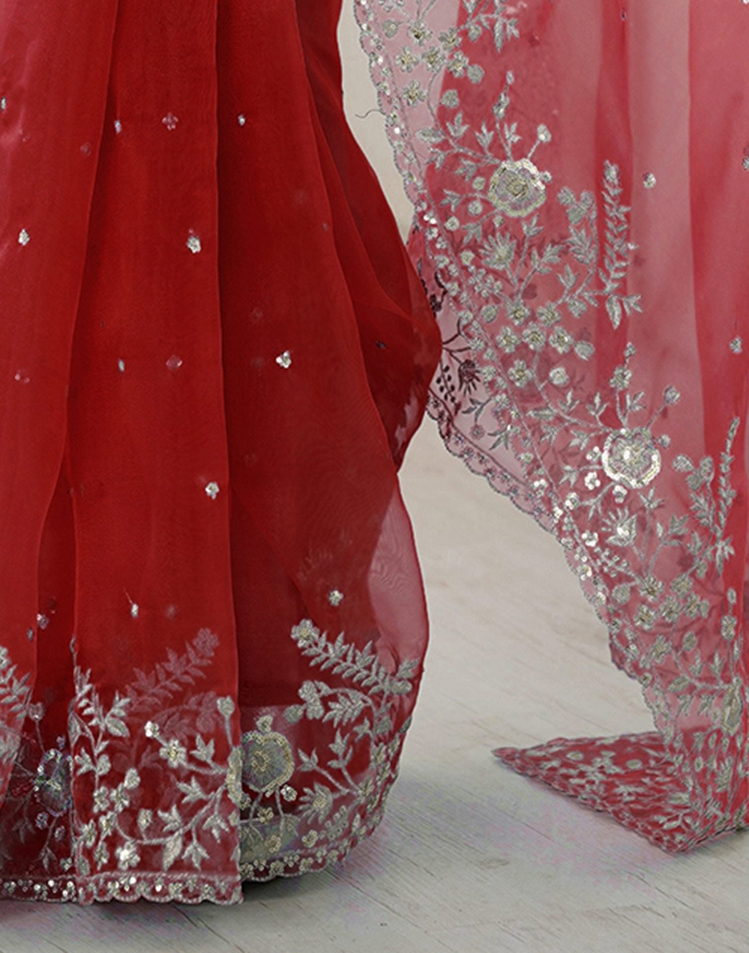Red Organza Embroidery Lace Saree