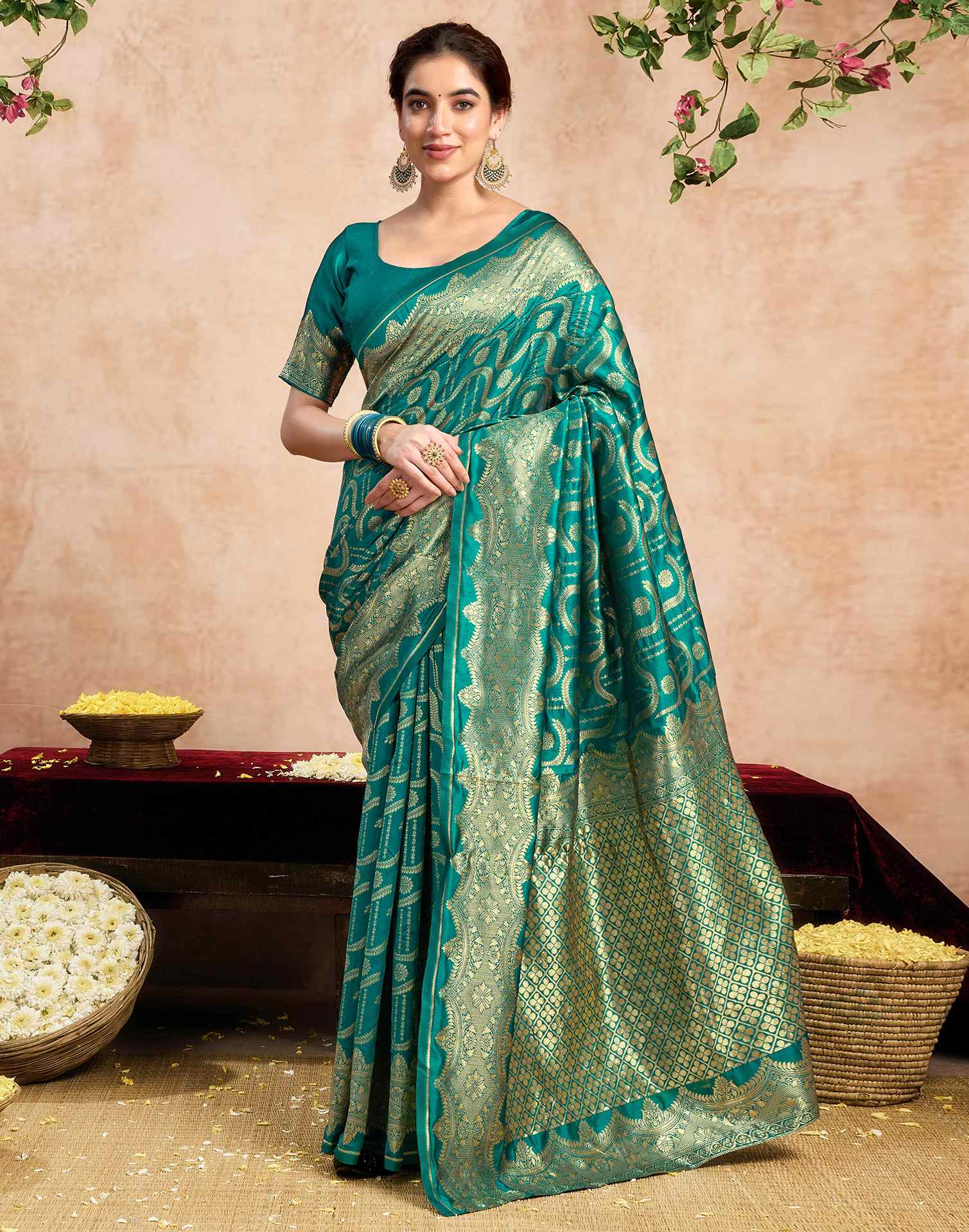 Teal Green Silk Woven Saree