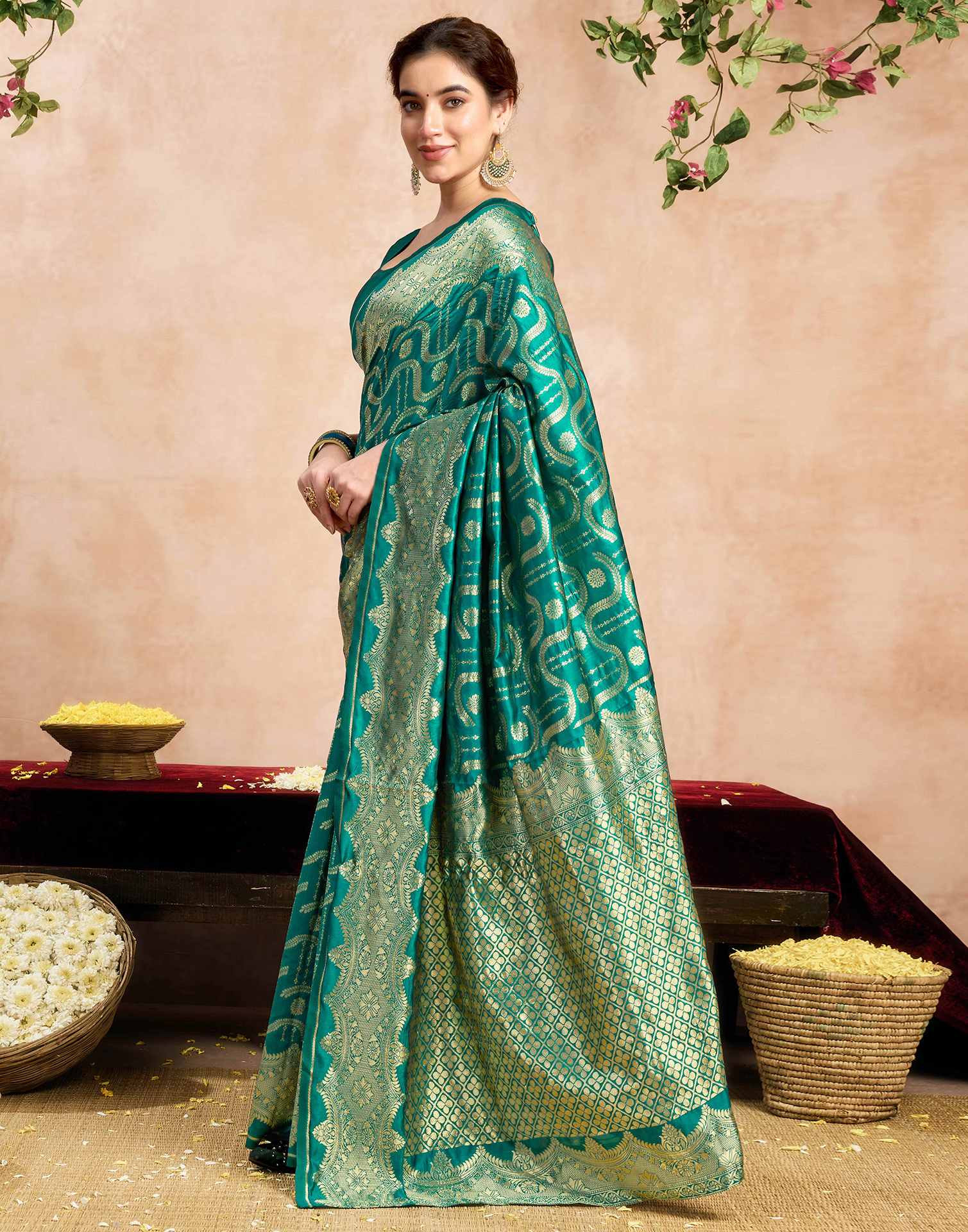 Teal Green Silk Woven Saree