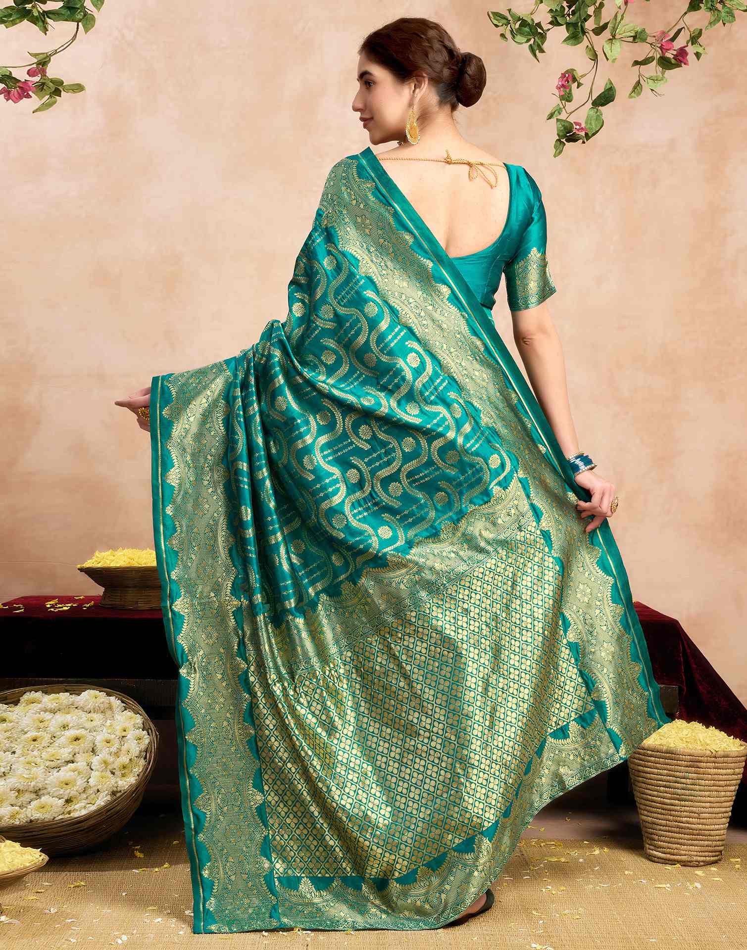 Teal Green Silk Woven Saree