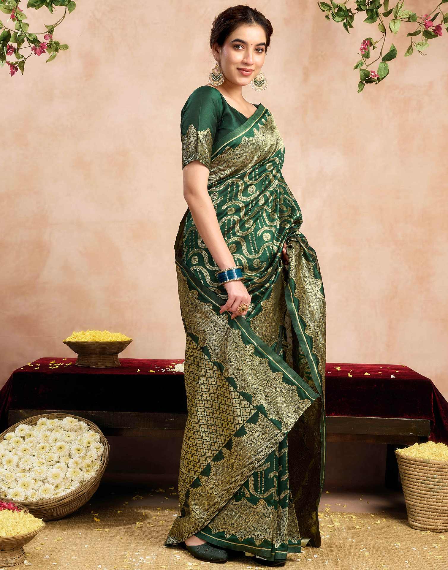 Dark Green Silk Woven Saree