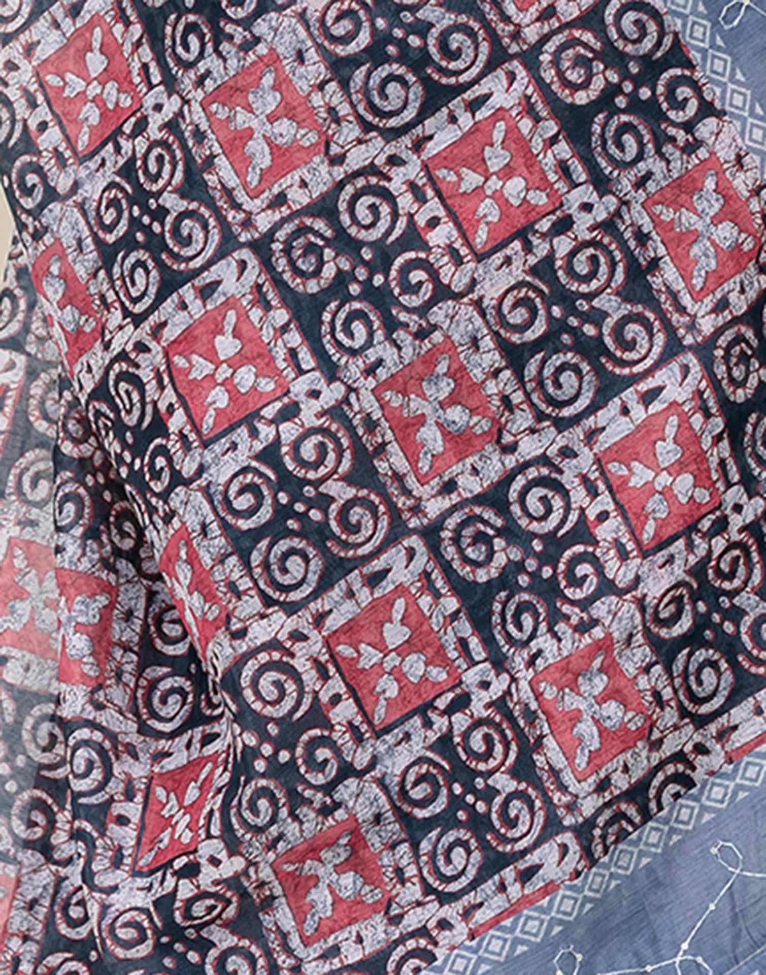 Grey Cotton Embroidery Printed Saree