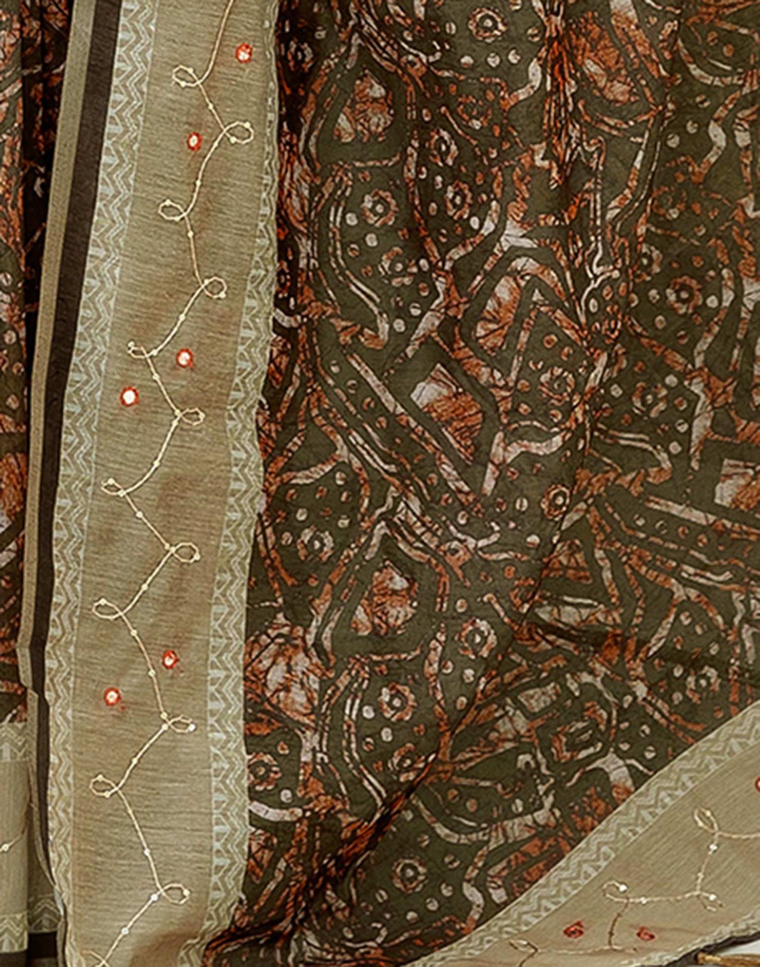 Green Cotton Embroidery Printed Saree