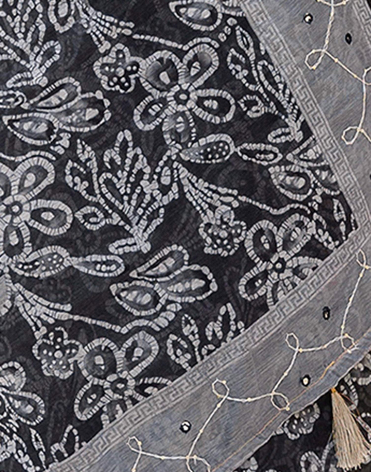 Grey Cotton Embroidery Printed Saree