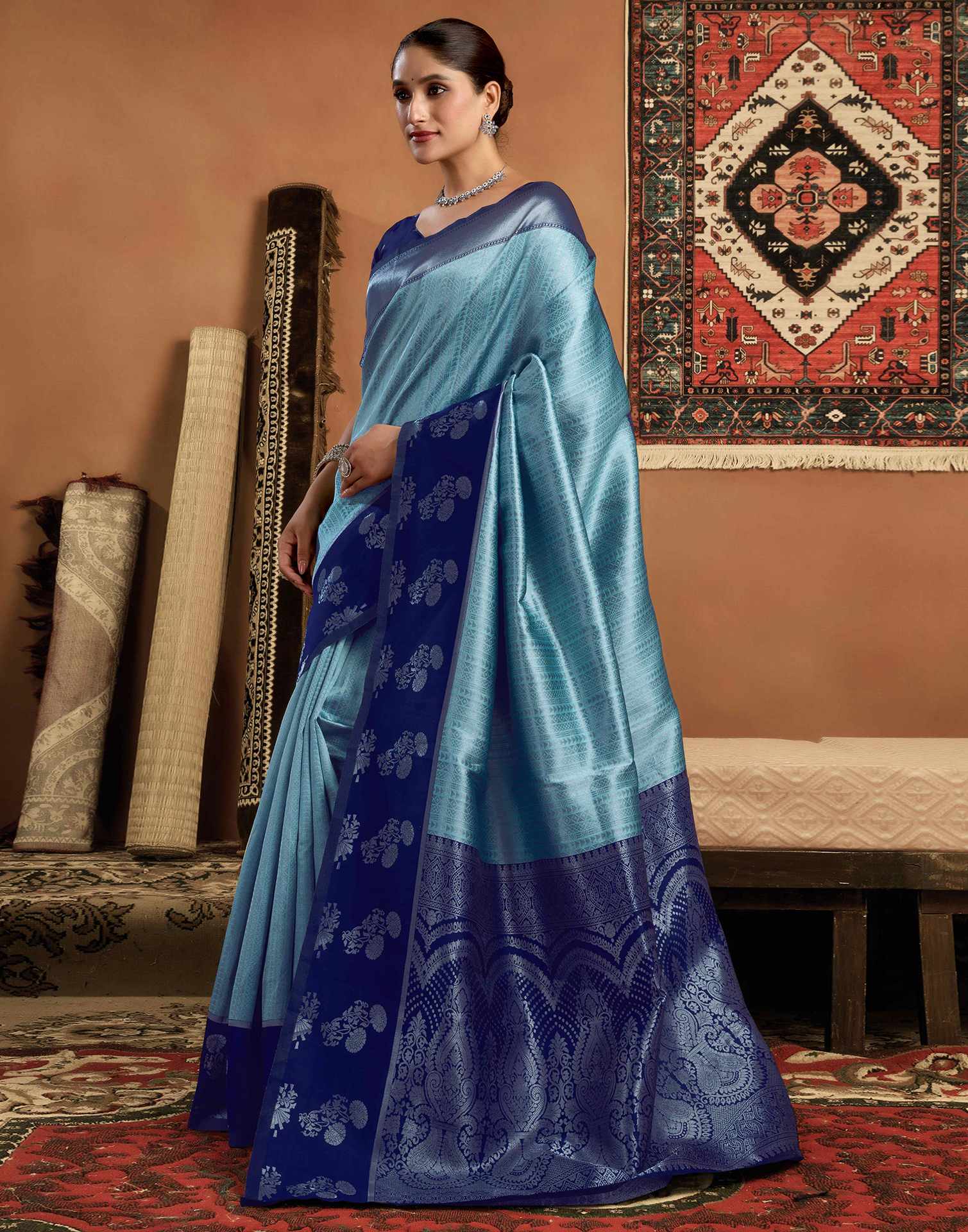 Turquoise Silk Woven Kanjivaram Saree