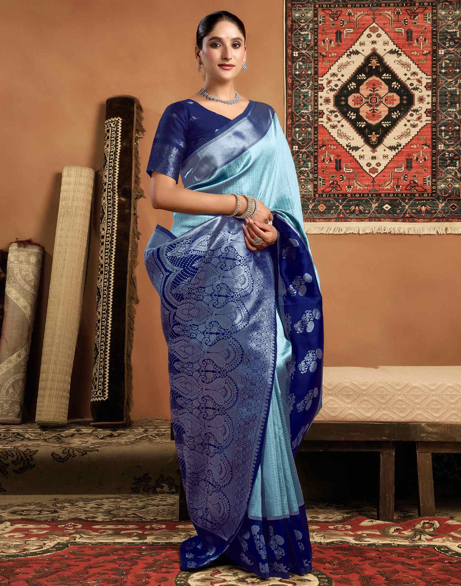 Turquoise Silk Woven Kanjivaram Saree