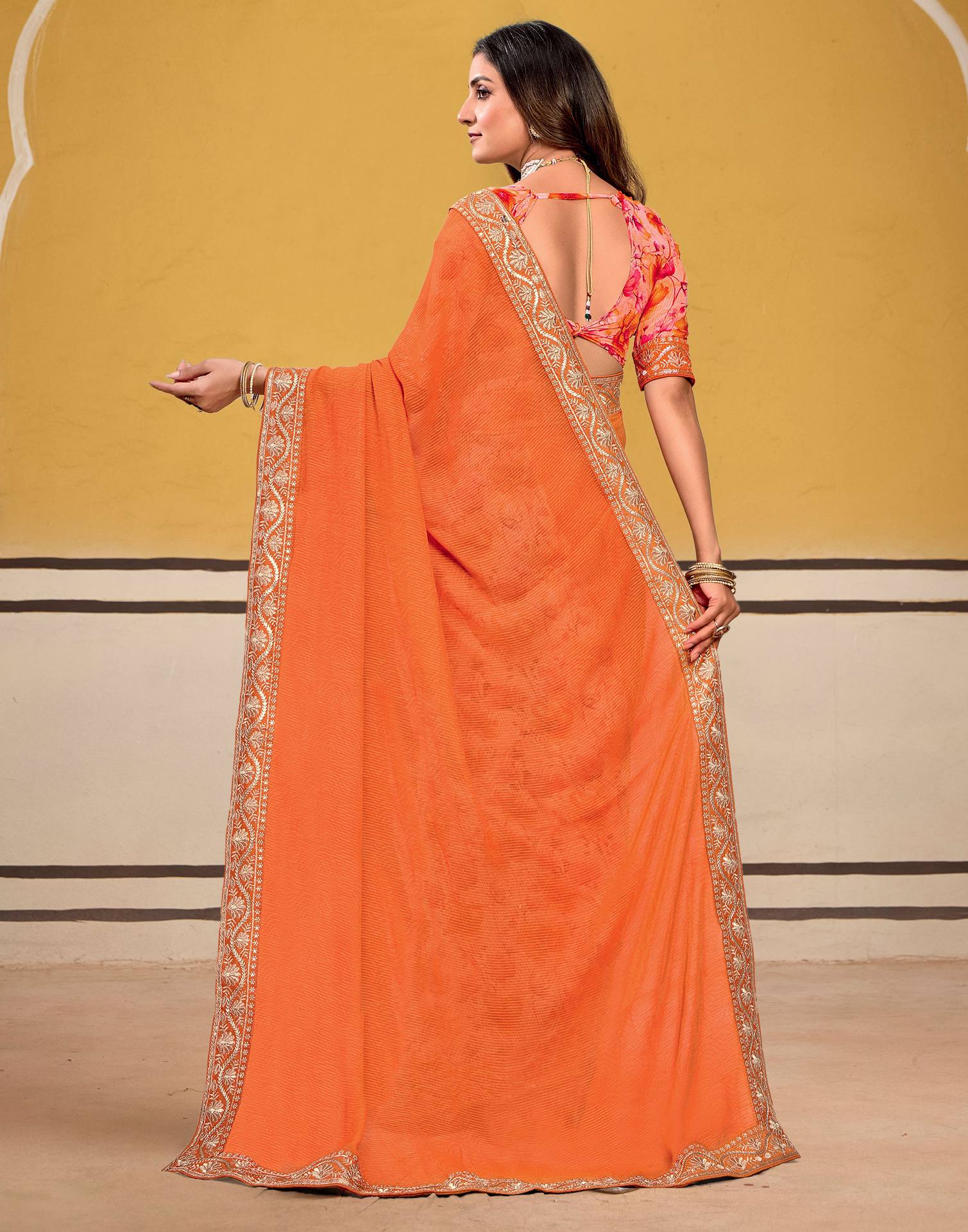 Orange Georgette Floral Printed Saree