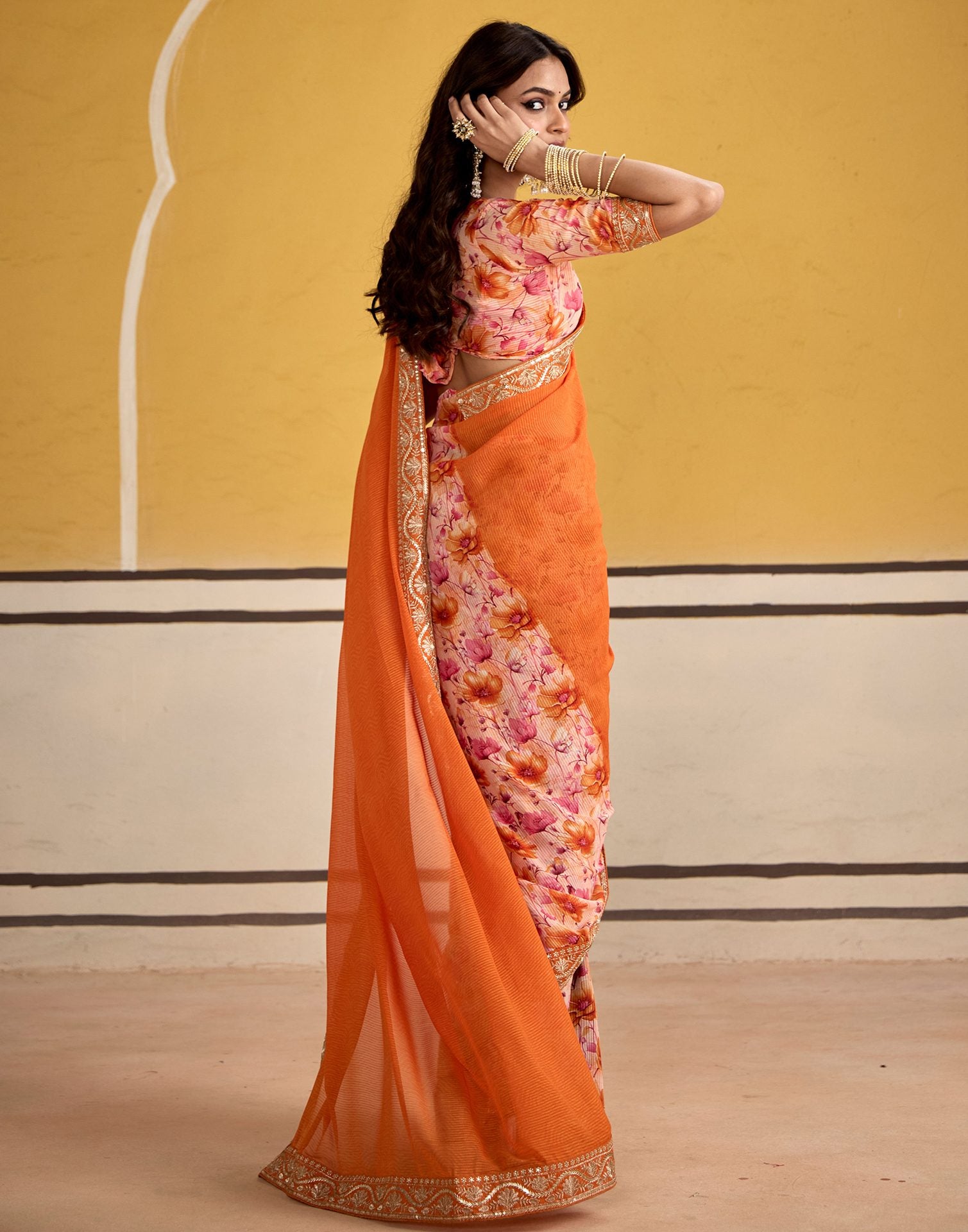 Orange Georgette Floral Printed Saree