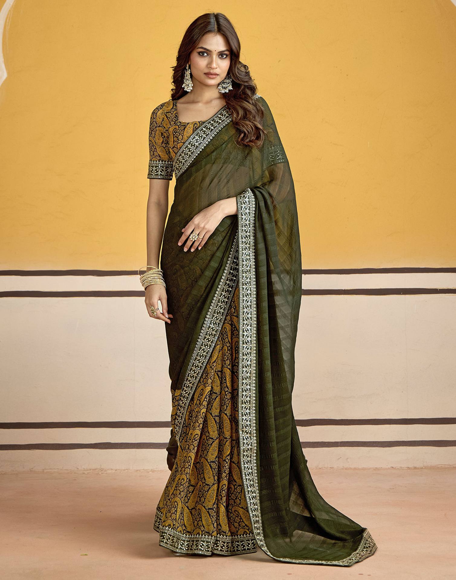 Dark Green Georgette Printed Saree