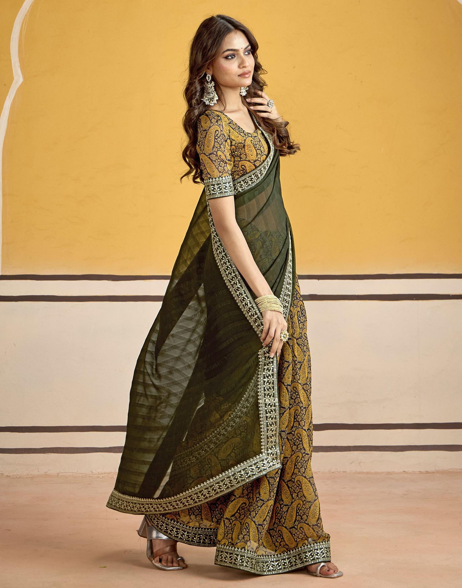 Dark Green Georgette Printed Saree