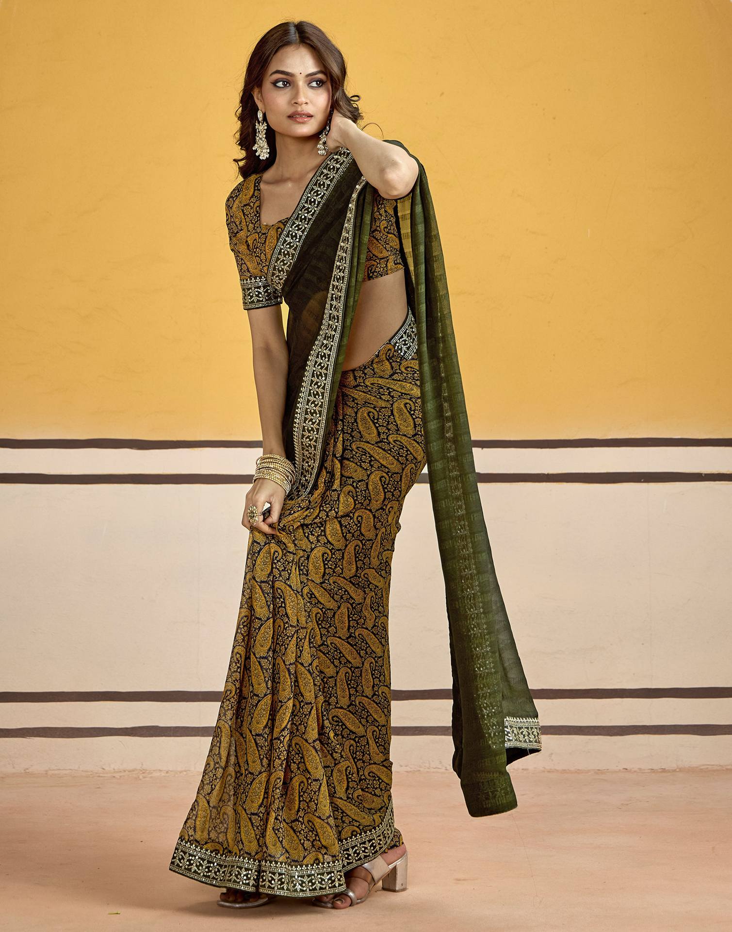 Dark Green Georgette Printed Saree