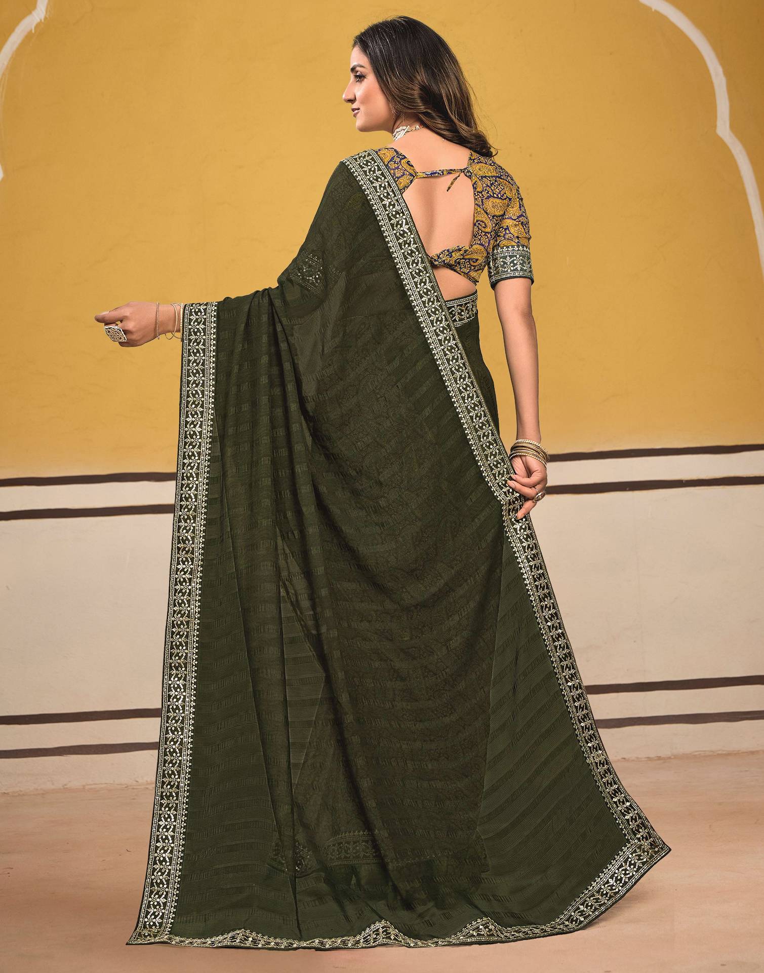 Dark Green Georgette Printed Saree