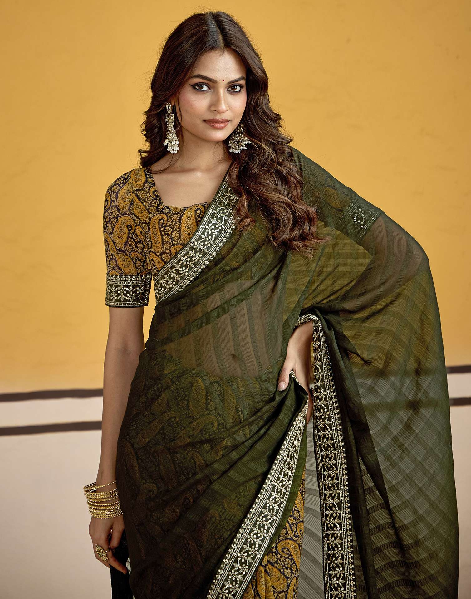 Dark Green Georgette Printed Saree