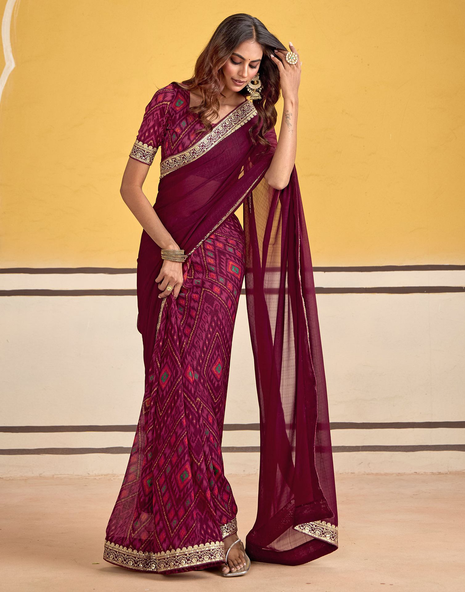 Maroon Georgette Printed Saree