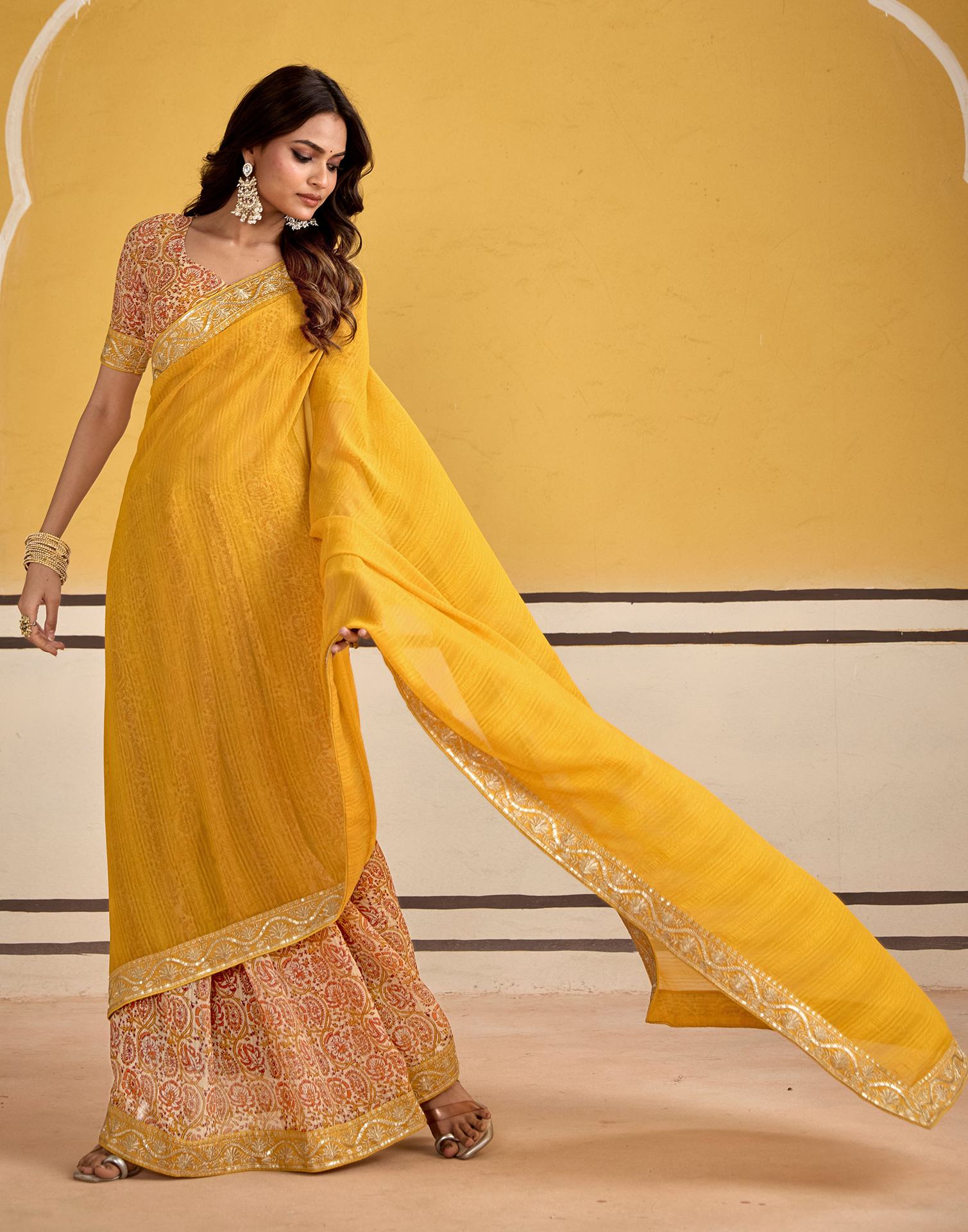 Turmeric Yellow Georgette Printed Saree