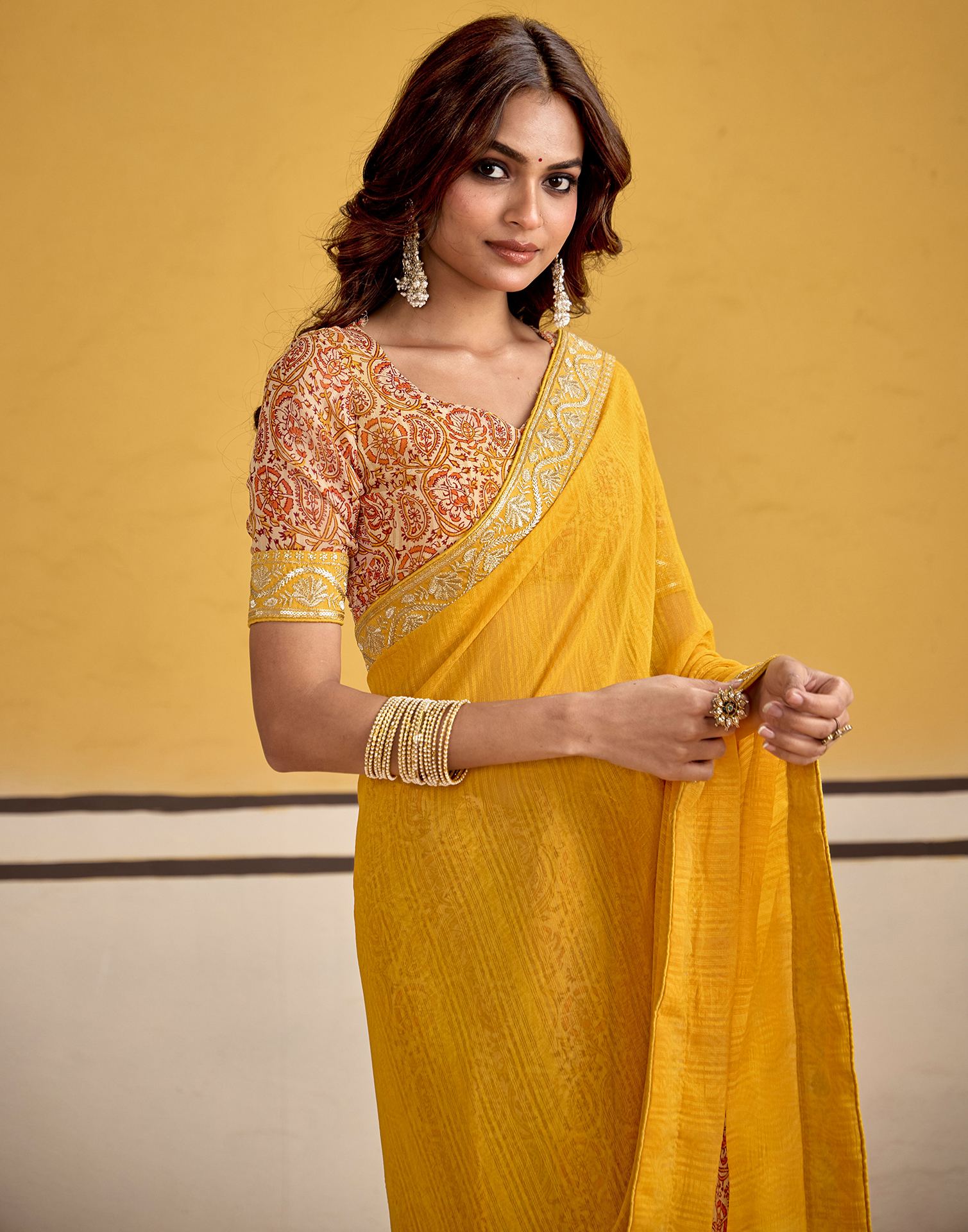 Turmeric Yellow Georgette Printed Saree