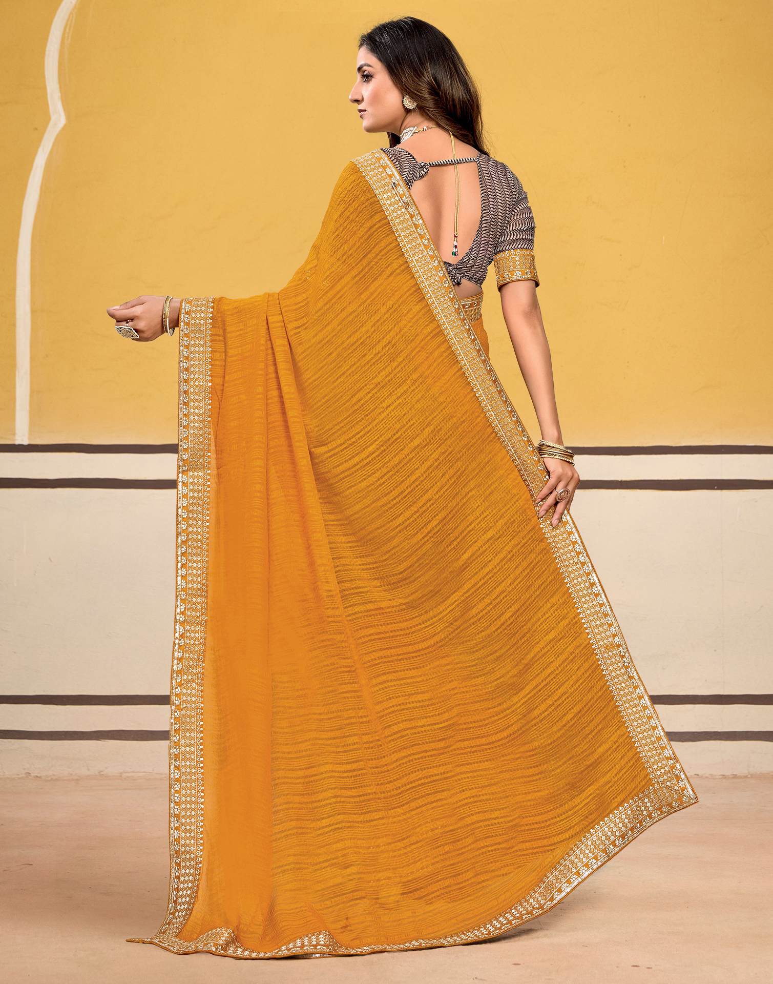 Mustard Yellow Georgette Printed Saree