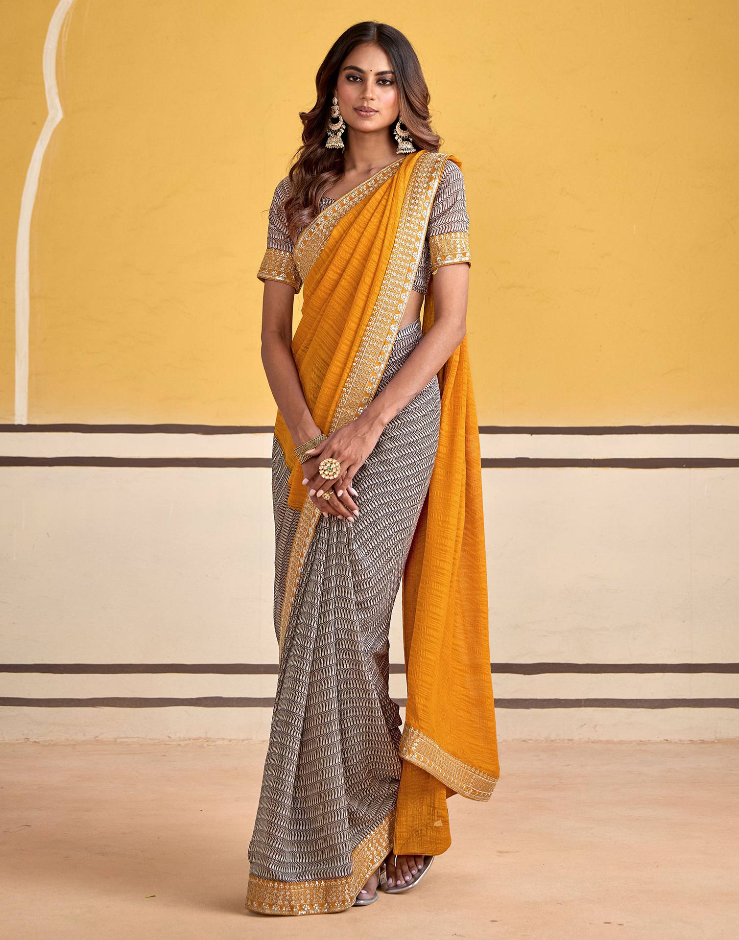 Mustard Yellow Georgette Printed Saree