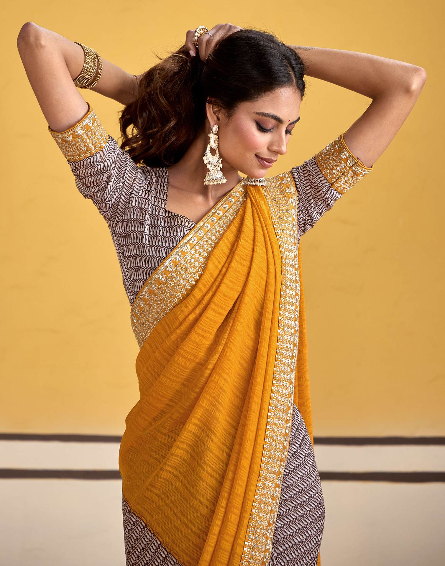 Mustard Yellow Georgette Printed Saree