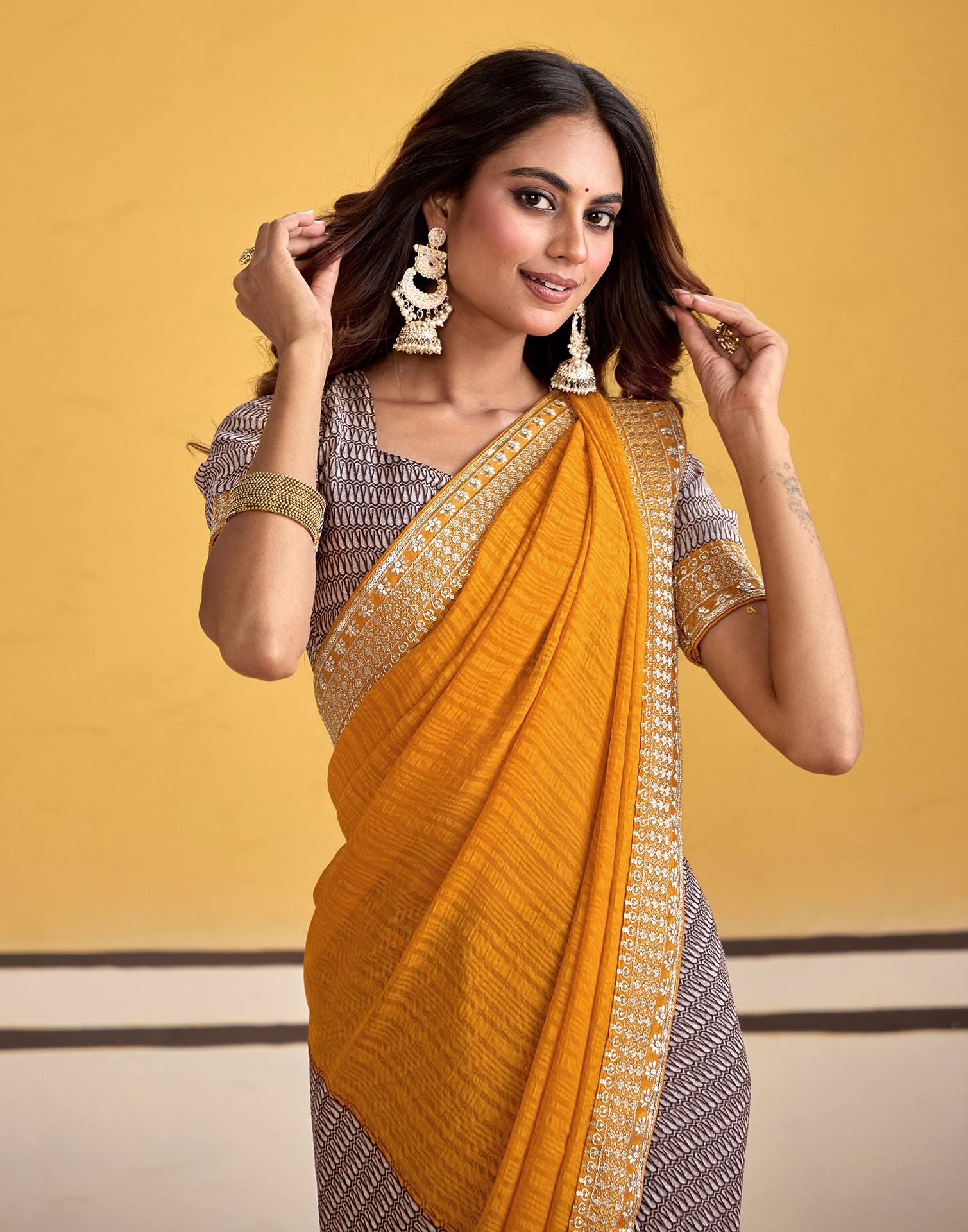 Mustard Yellow Georgette Printed Saree