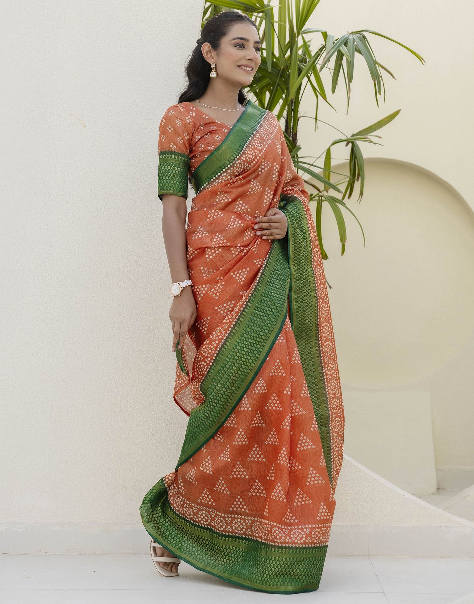 Light Orange Silk Printed Bandhani Saree
