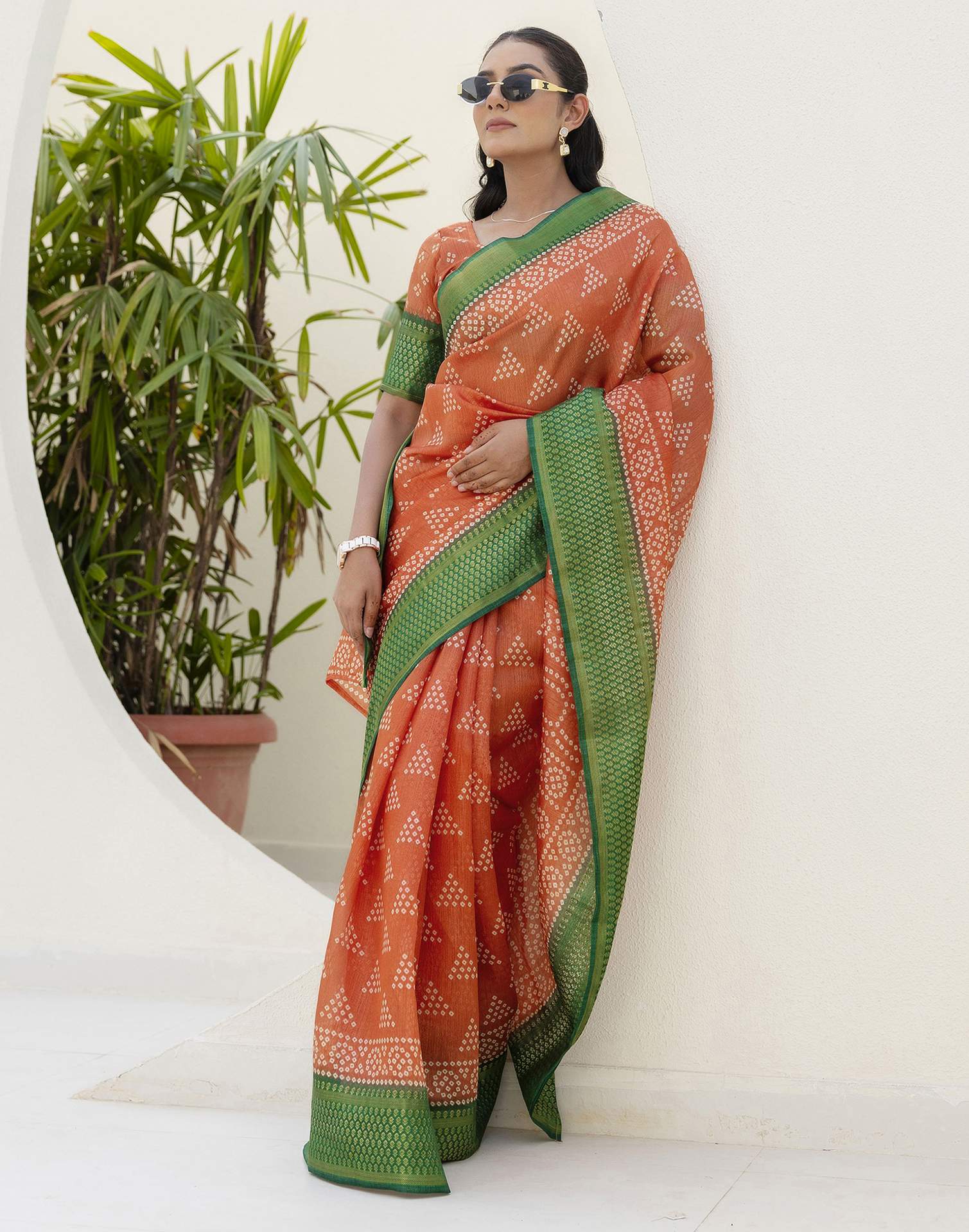 Light Orange Silk Printed Bandhani Saree