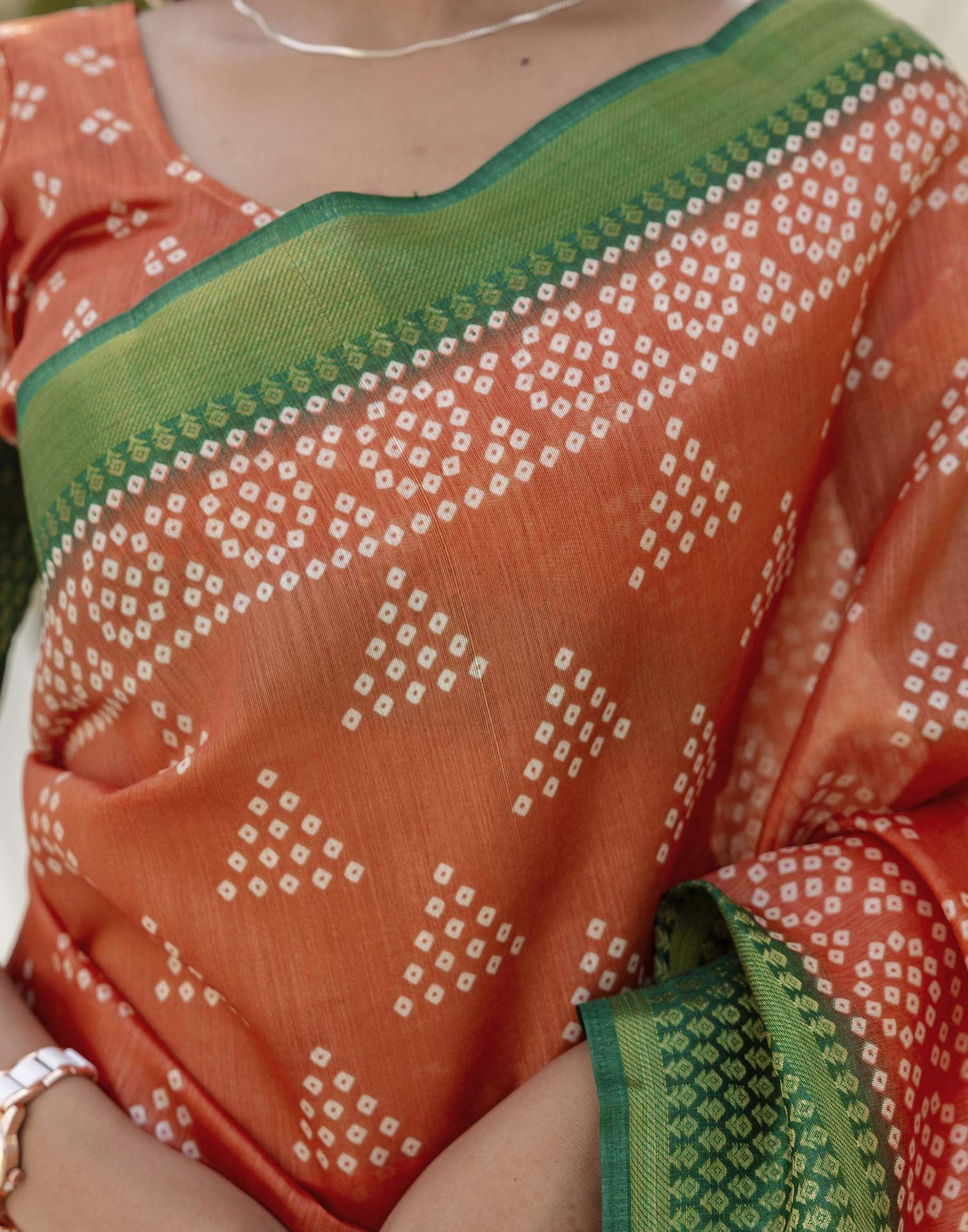 Light Orange Silk Printed Bandhani Saree