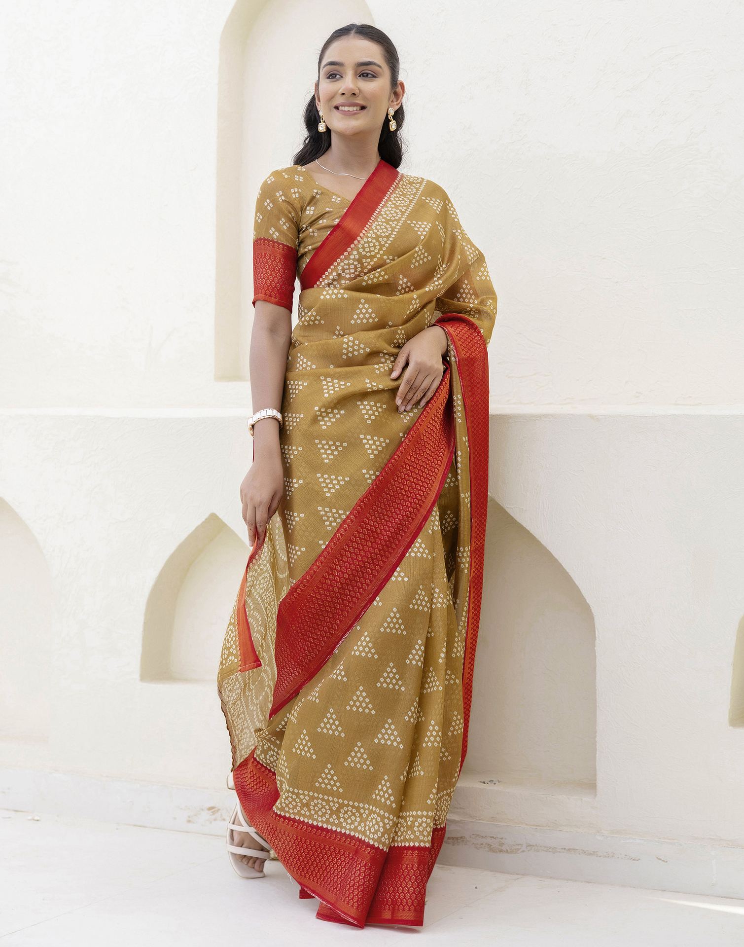 Khaki Silk Printed Bandhani Saree
