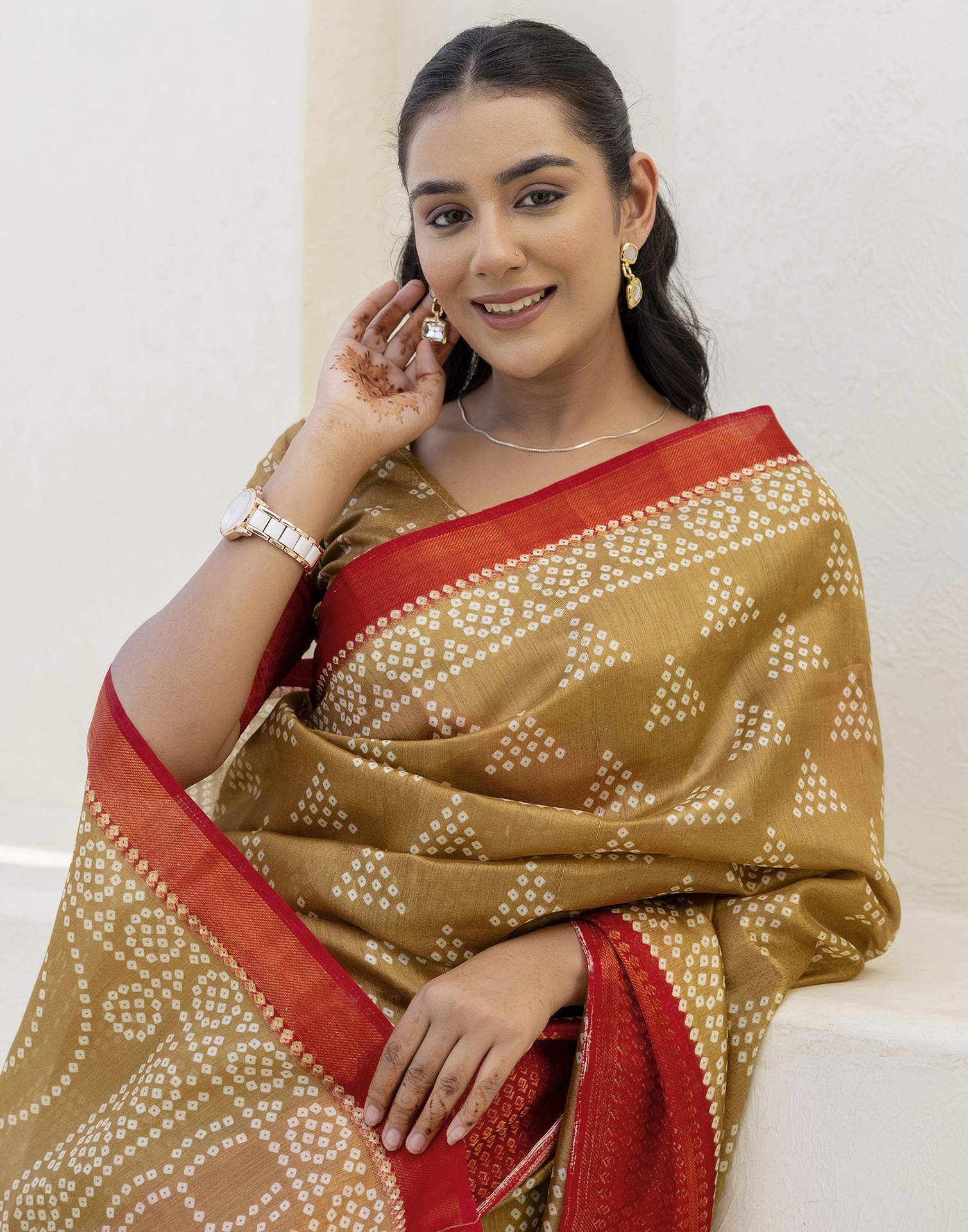 Khaki Silk Printed Bandhani Saree