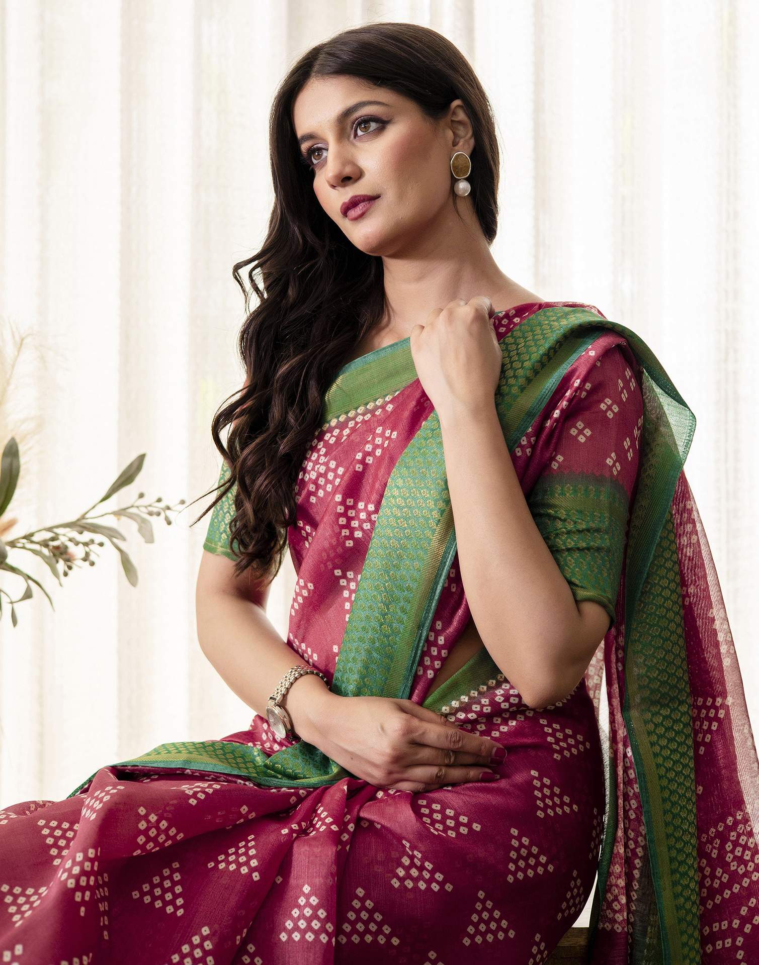 Dusty Maroon Silk Printed Bandhani Saree