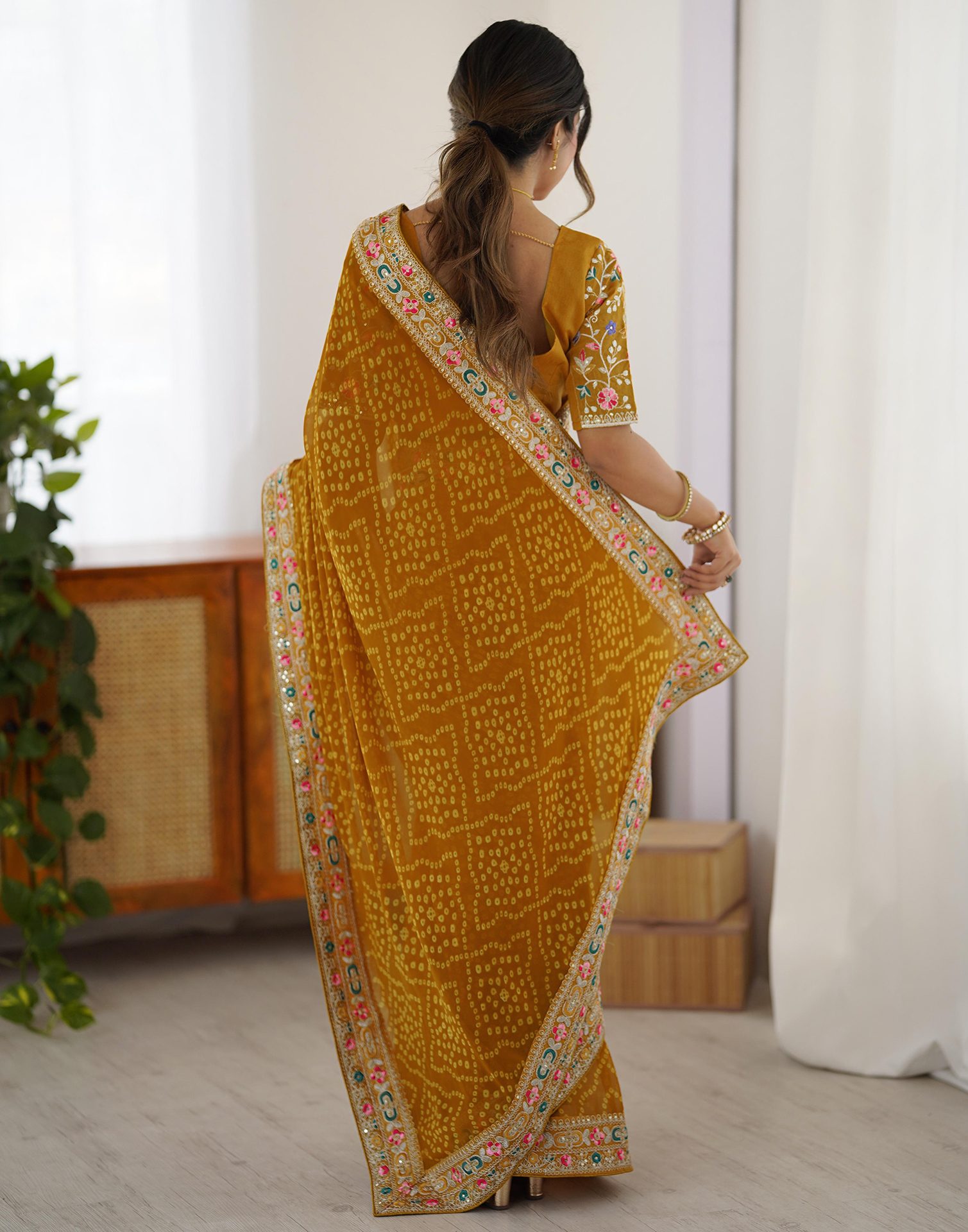 Yellow Georgette Printed Bandhani Saree