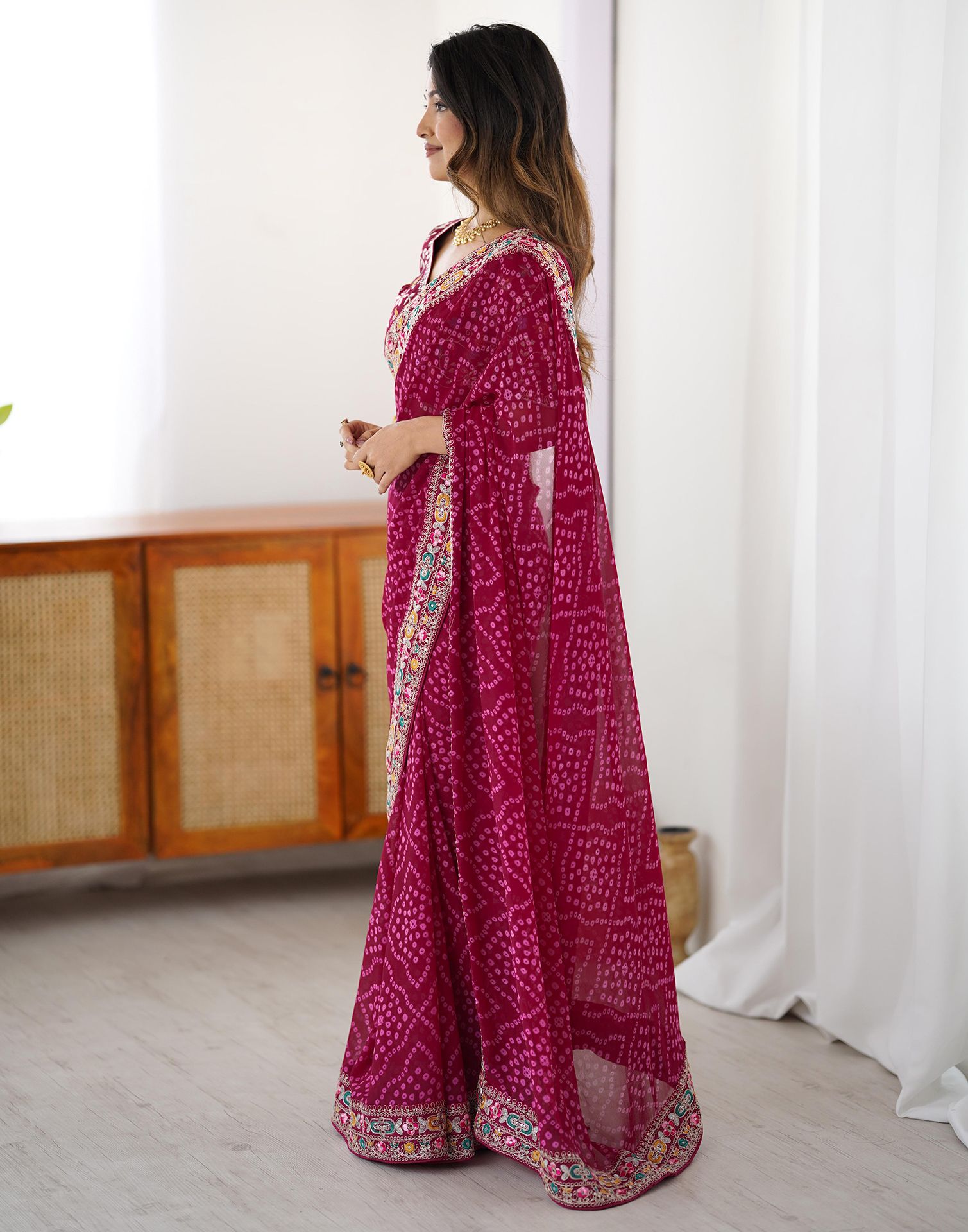 Magenta Georgette Printed Bandhani Saree