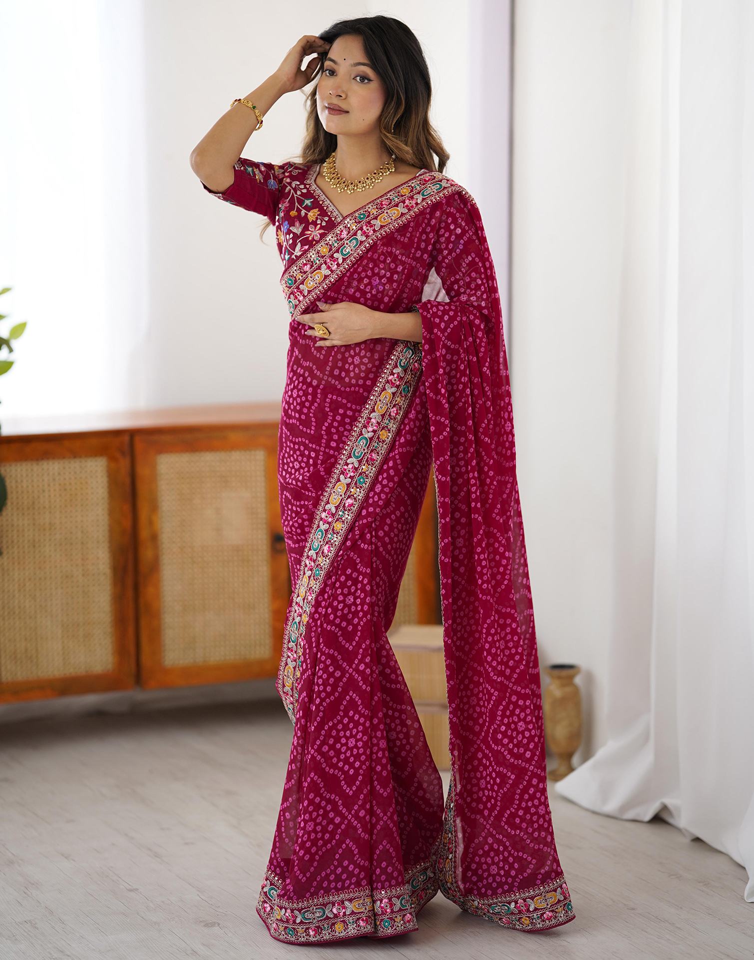 Magenta Georgette Printed Bandhani Saree