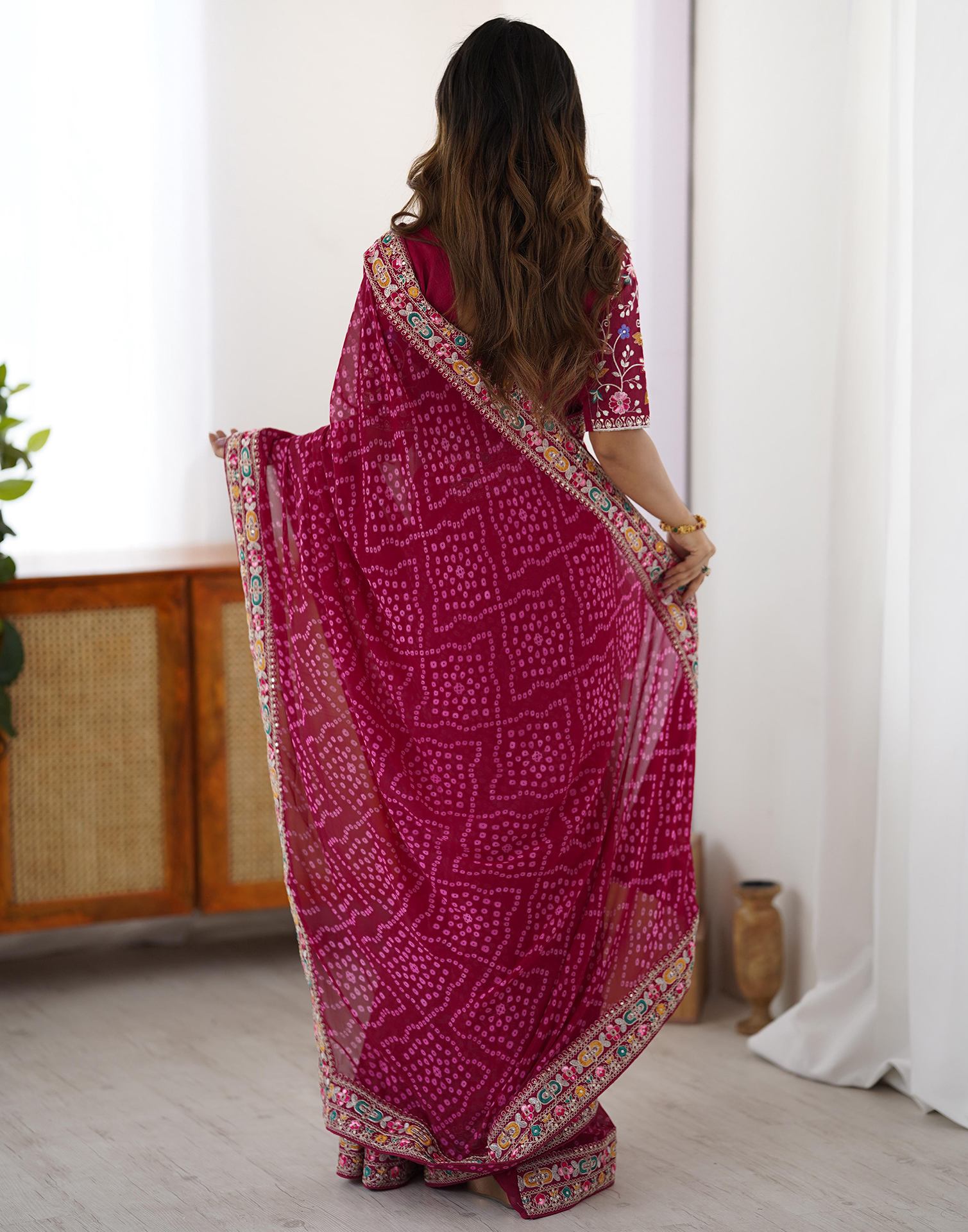 Magenta Georgette Printed Bandhani Saree