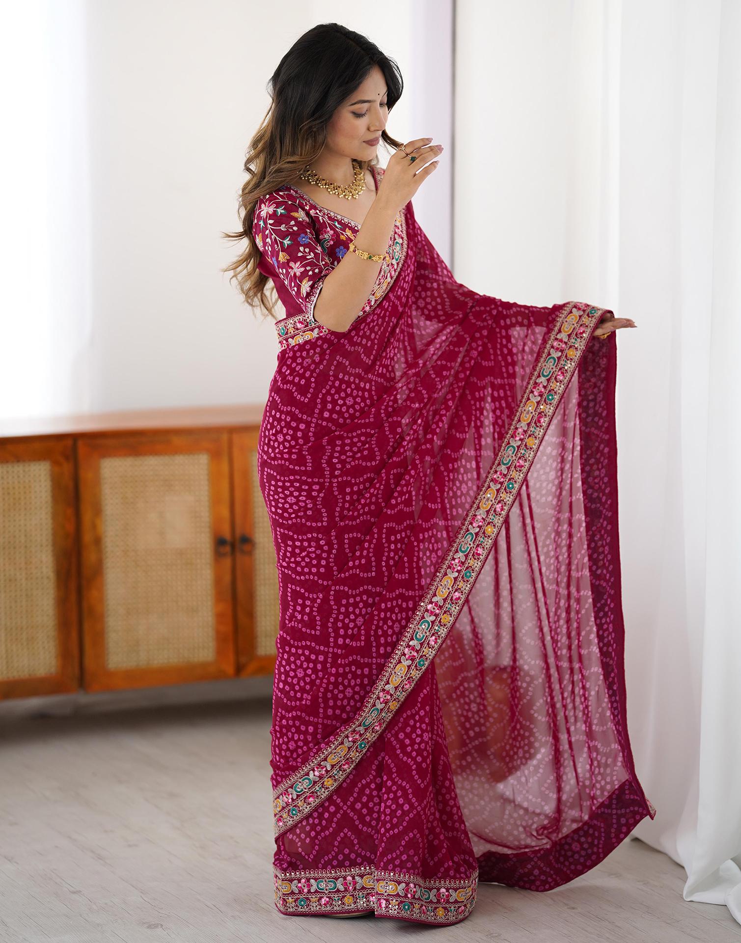 Magenta Georgette Printed Bandhani Saree