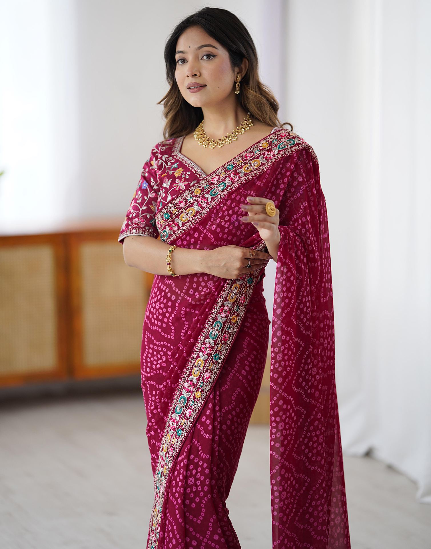 Magenta Georgette Printed Bandhani Saree