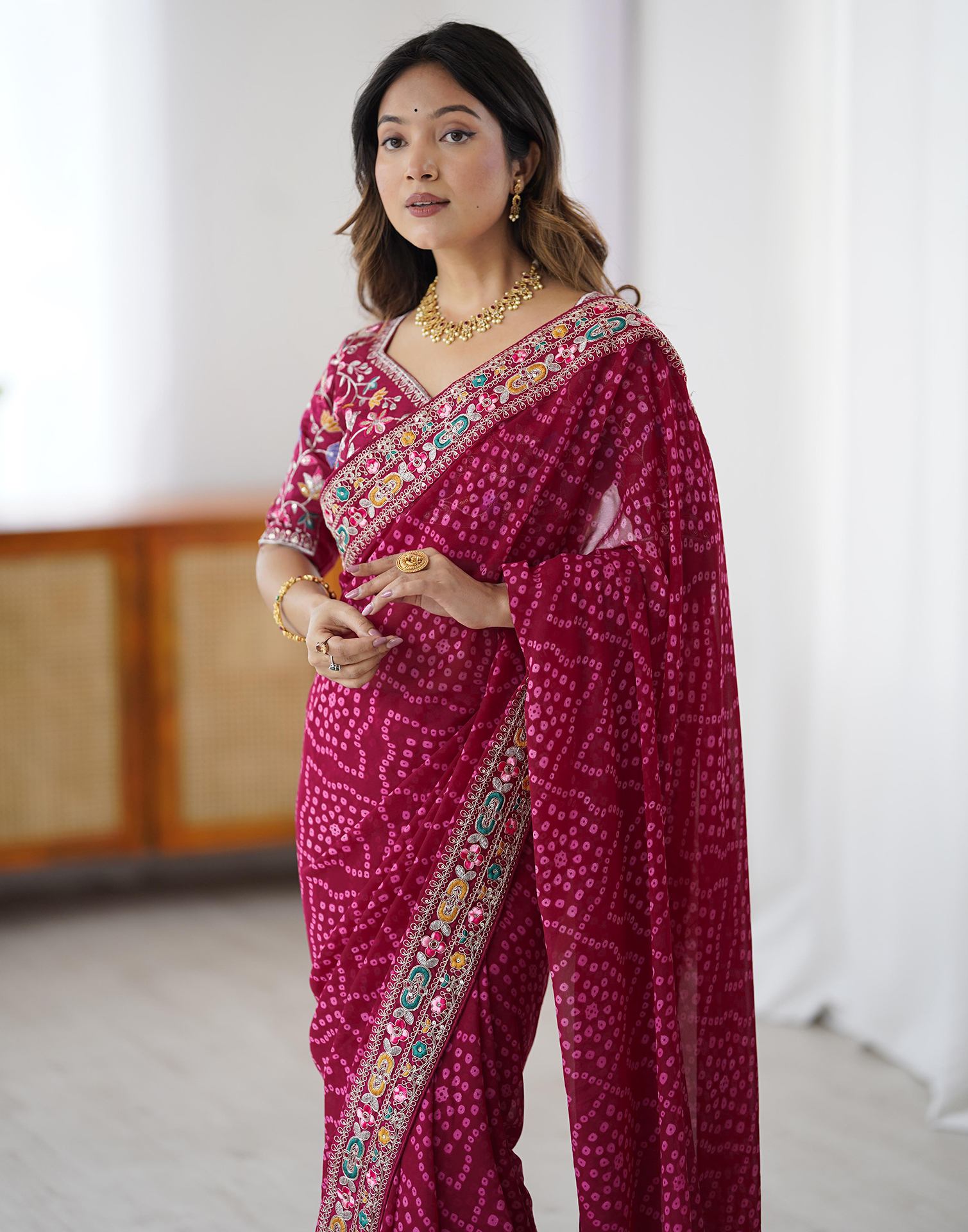 Magenta Georgette Printed Bandhani Saree