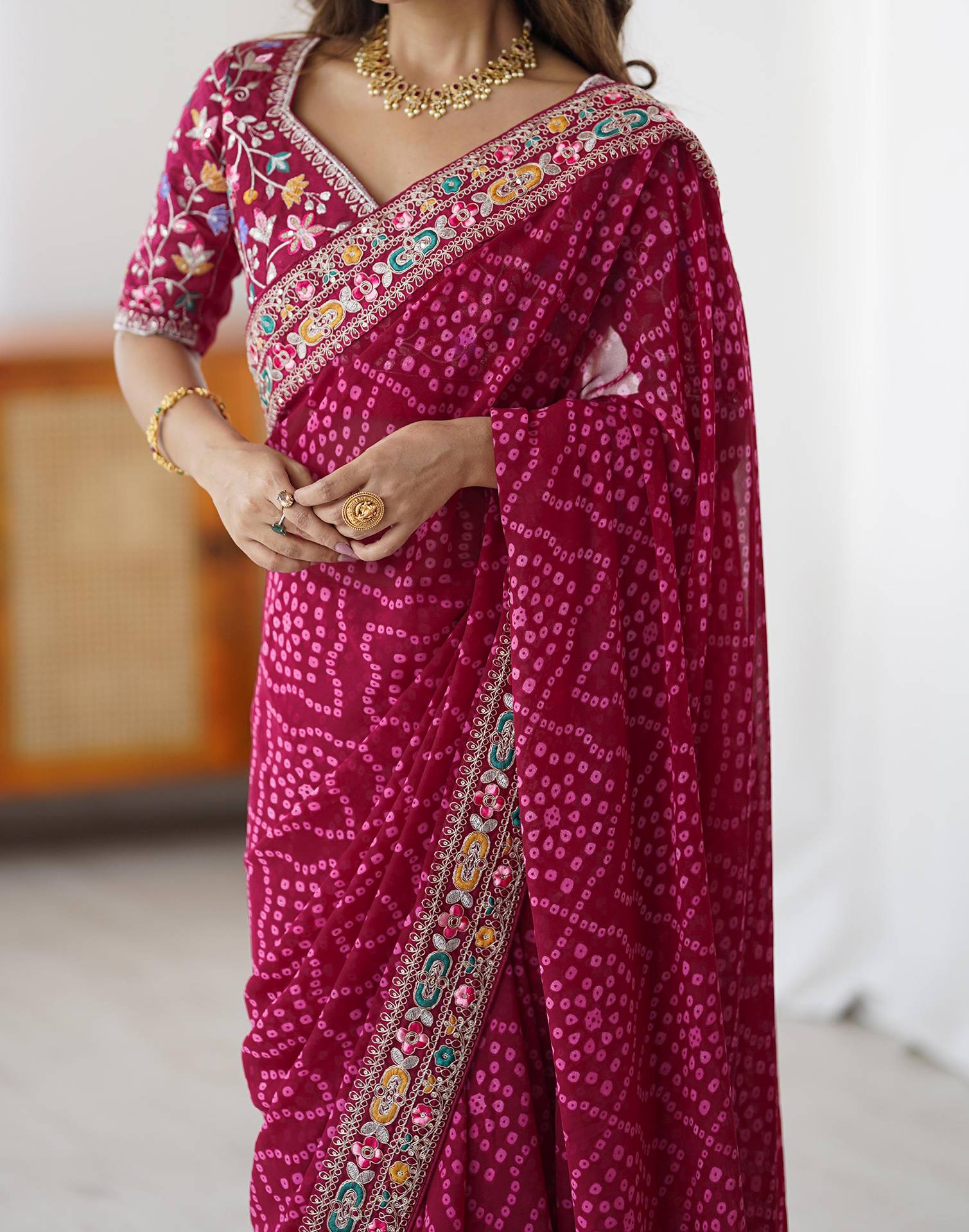 Magenta Georgette Printed Bandhani Saree