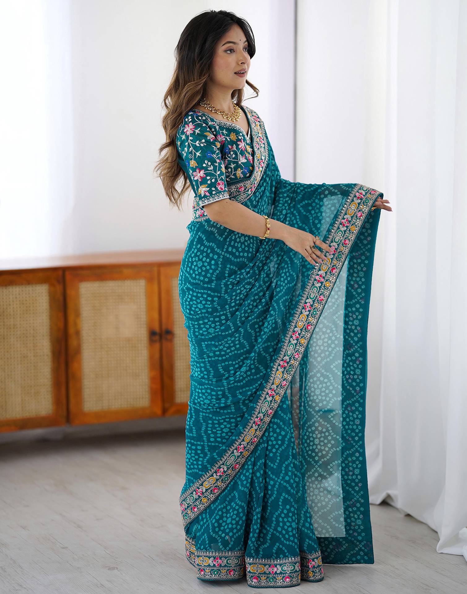 Blue Georgette Printed Bandhani Saree