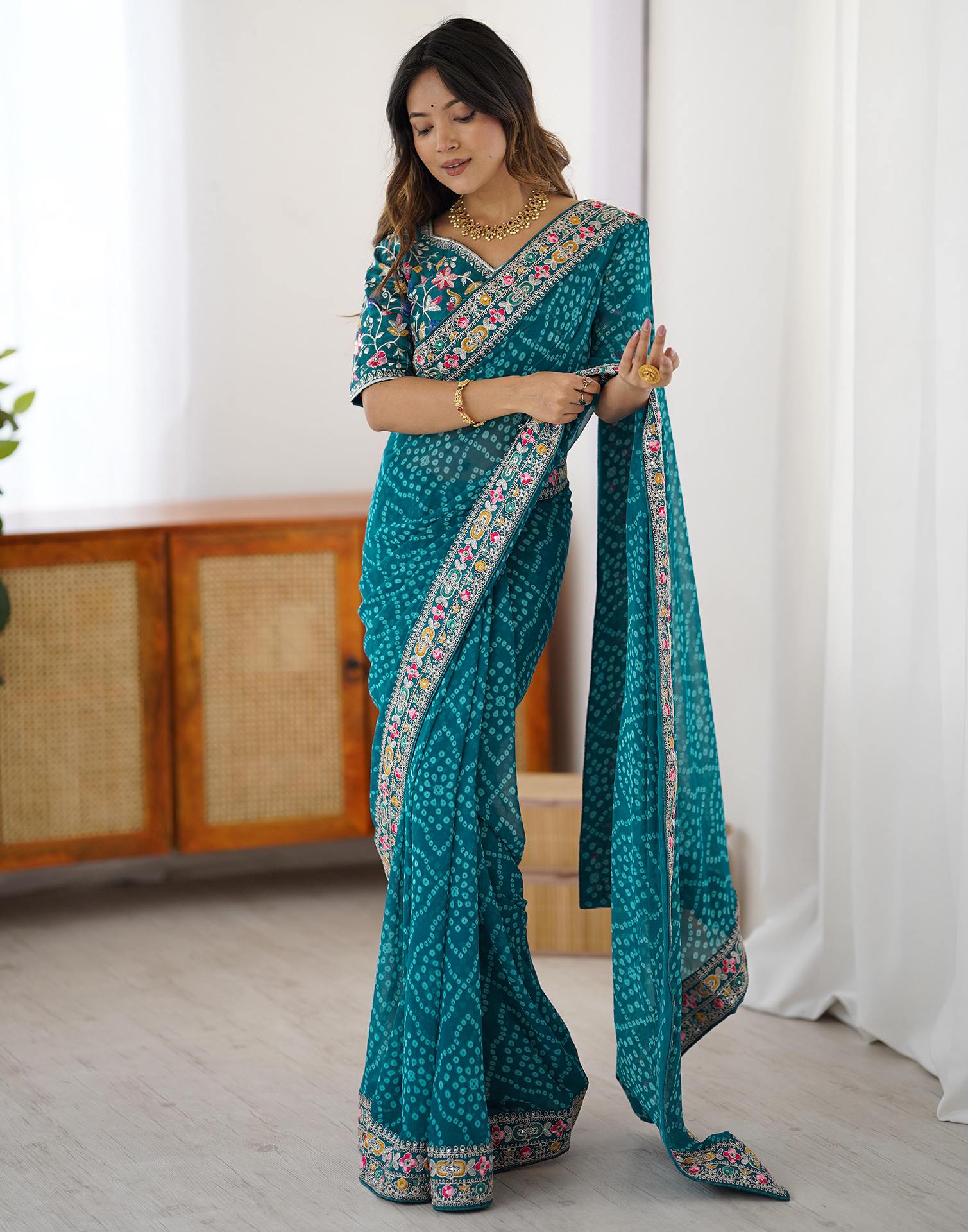 Blue Georgette Printed Bandhani Saree