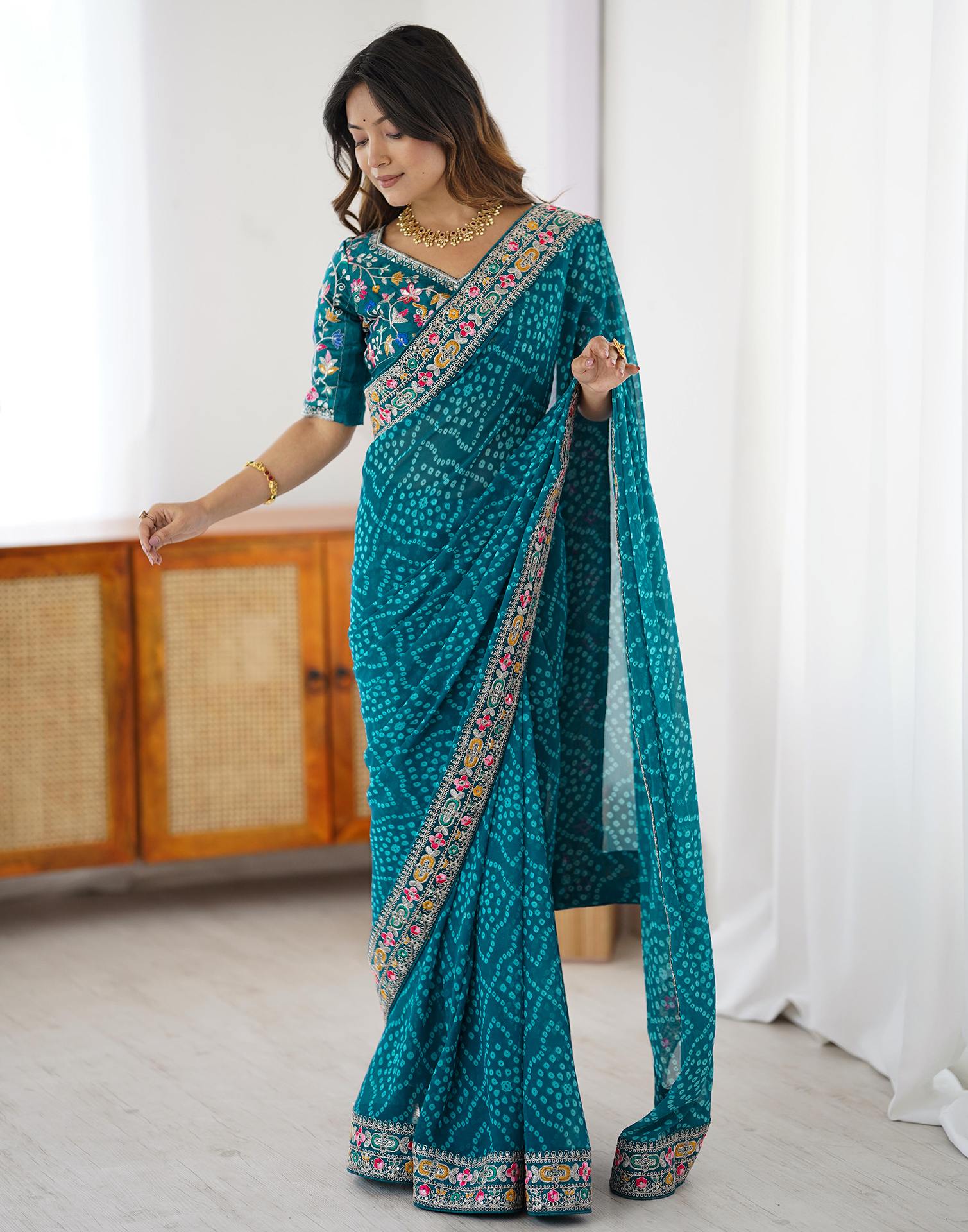 Blue Georgette Printed Bandhani Saree