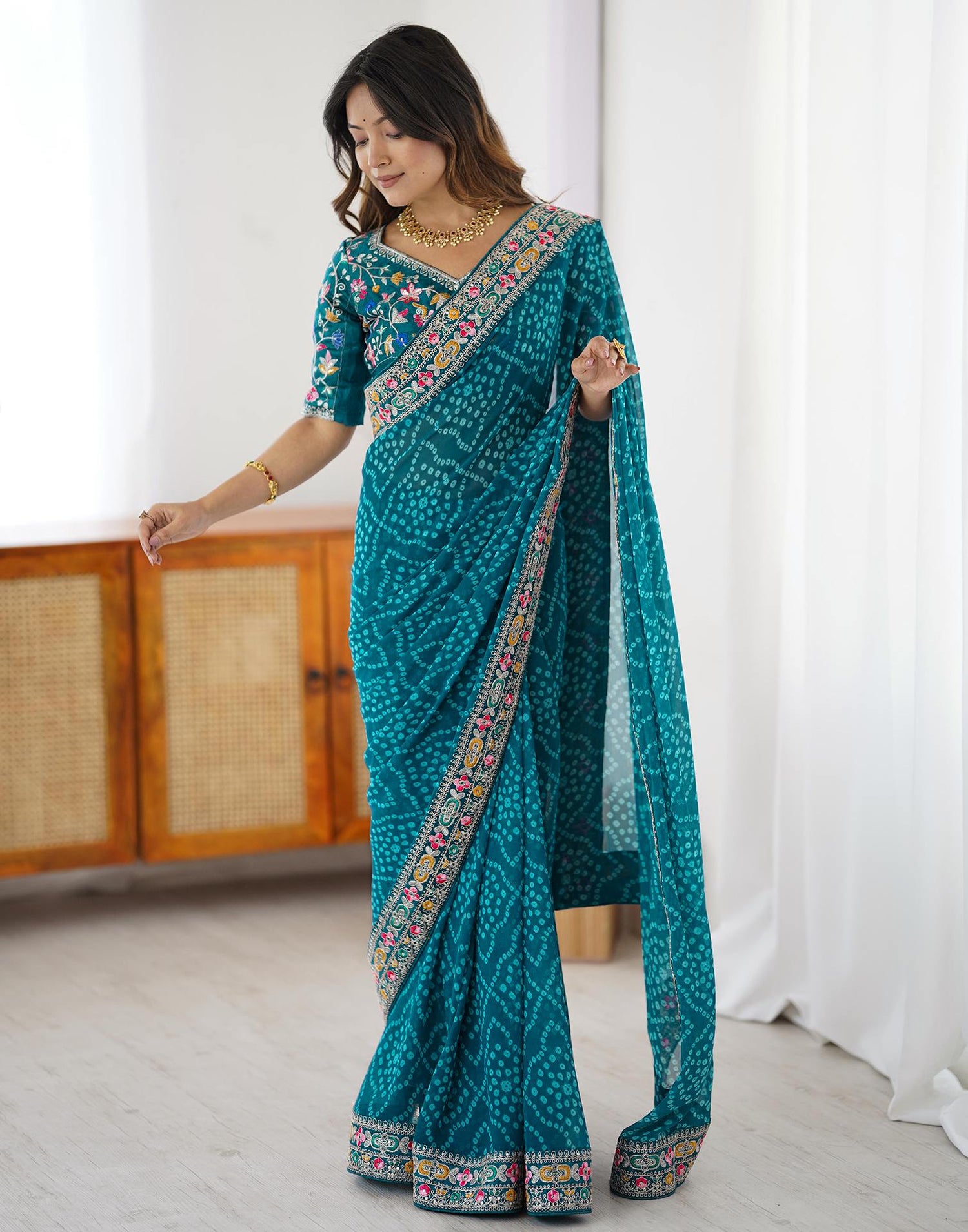 Blue Georgette Printed Bandhani Saree