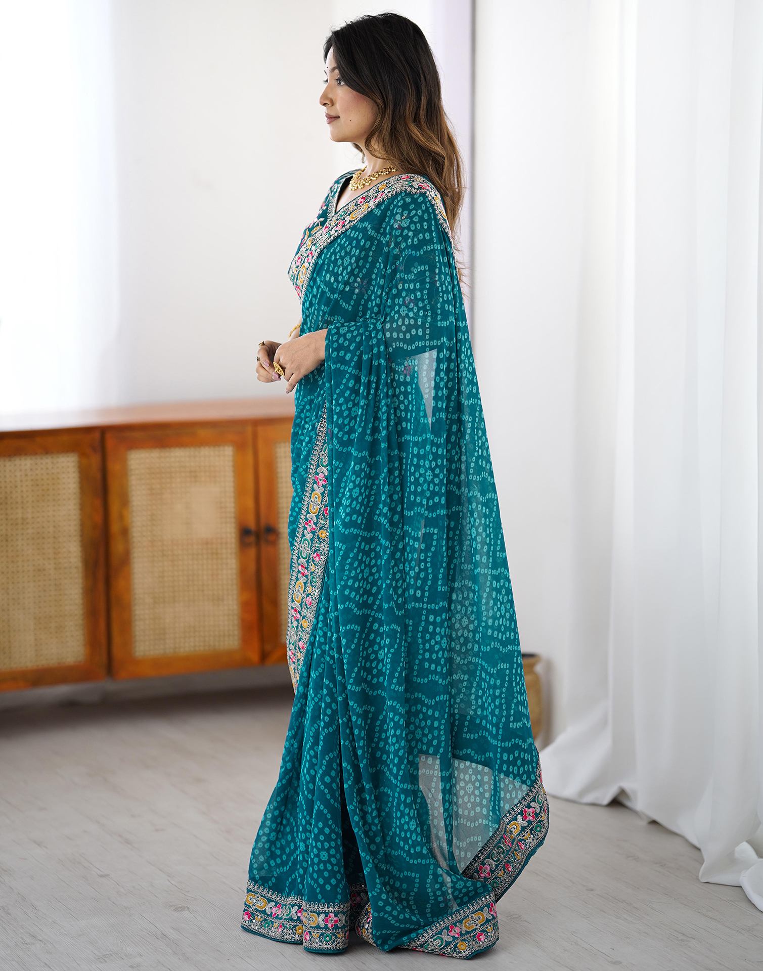 Blue Georgette Printed Bandhani Saree